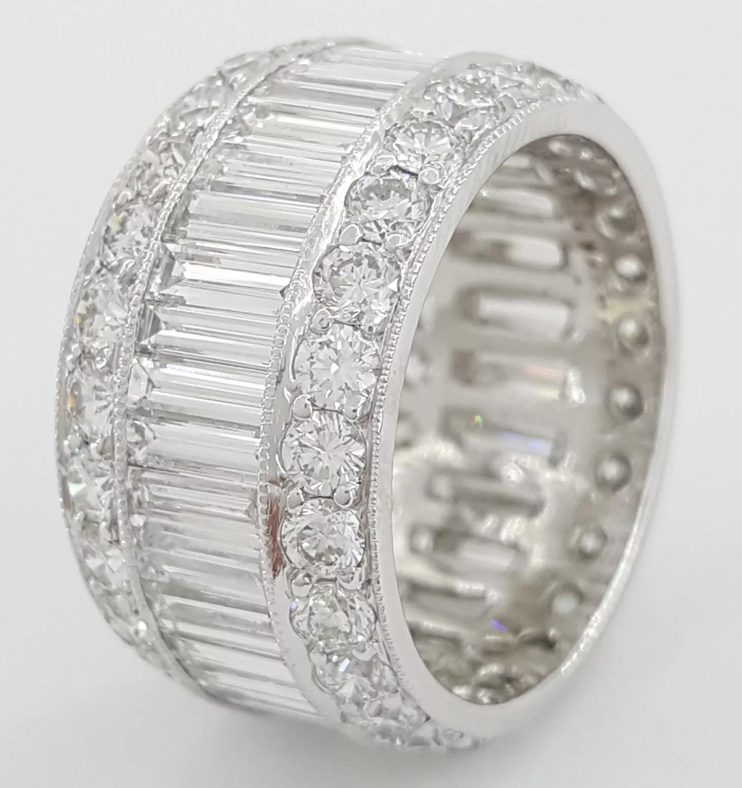 Contemporary 6.5 Carat Baguette & Round Diamond Three-Row Platinum Eternity Band Ring For Sale