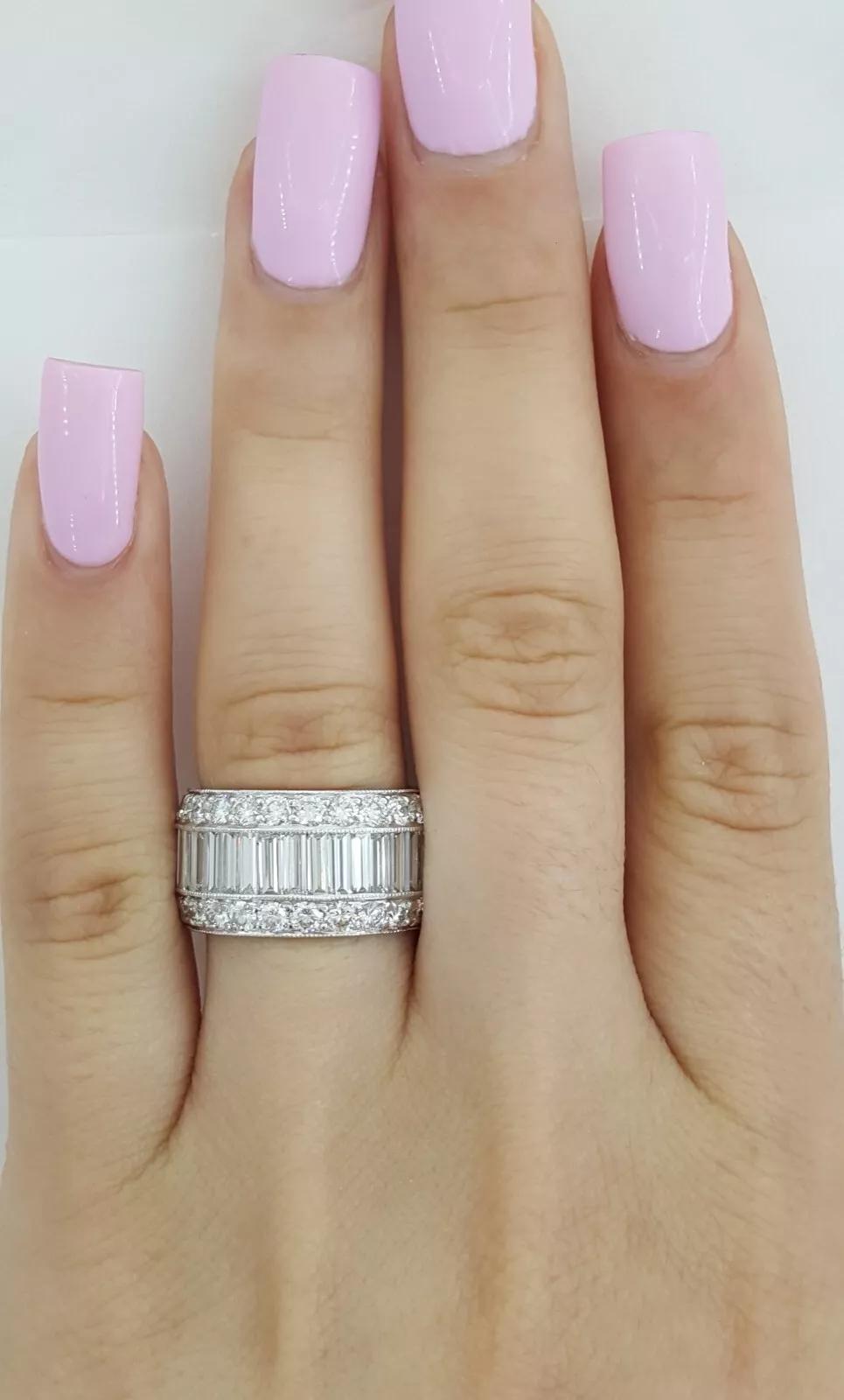 Round Cut 6.5 Carat Baguette & Round Diamond Three-Row Platinum Eternity Band Ring For Sale