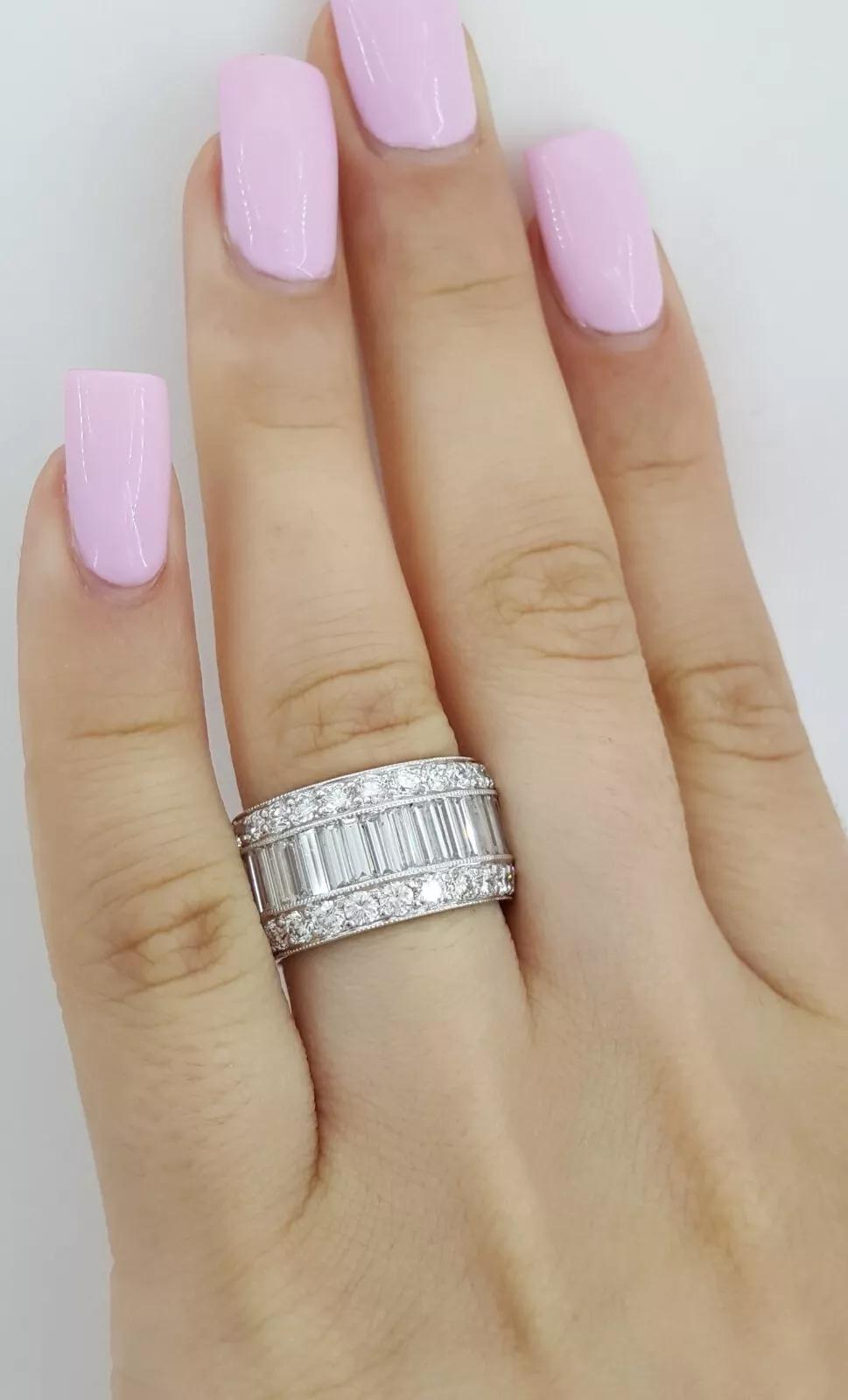 6.5 Carat Baguette & Round Diamond Three-Row Platinum Eternity Band Ring In Excellent Condition For Sale In Chicago, IL