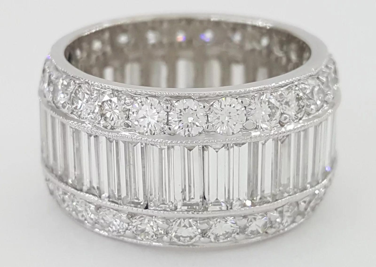 Women's 6.5 Carat Baguette & Round Diamond Three-Row Platinum Eternity Band Ring For Sale