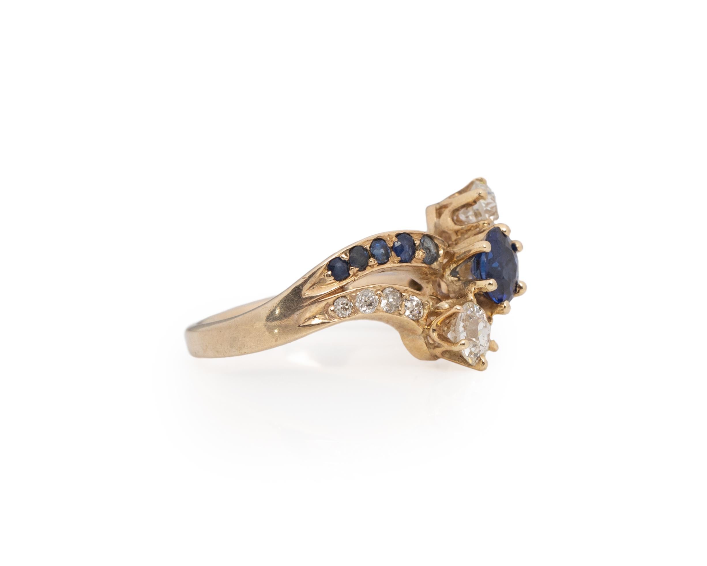 Item Details:
Ring Size: 5.25
Metal Type: 14K Yellow Gold [Hallmarked, and Tested]
Weight: 3.6 grams

Center Sapphire Details:

Type: Natural
Weight: .65ct
Cut: Old European brilliant
Color: Blue

Side Diamond Details:
Weight: .60ct, total
