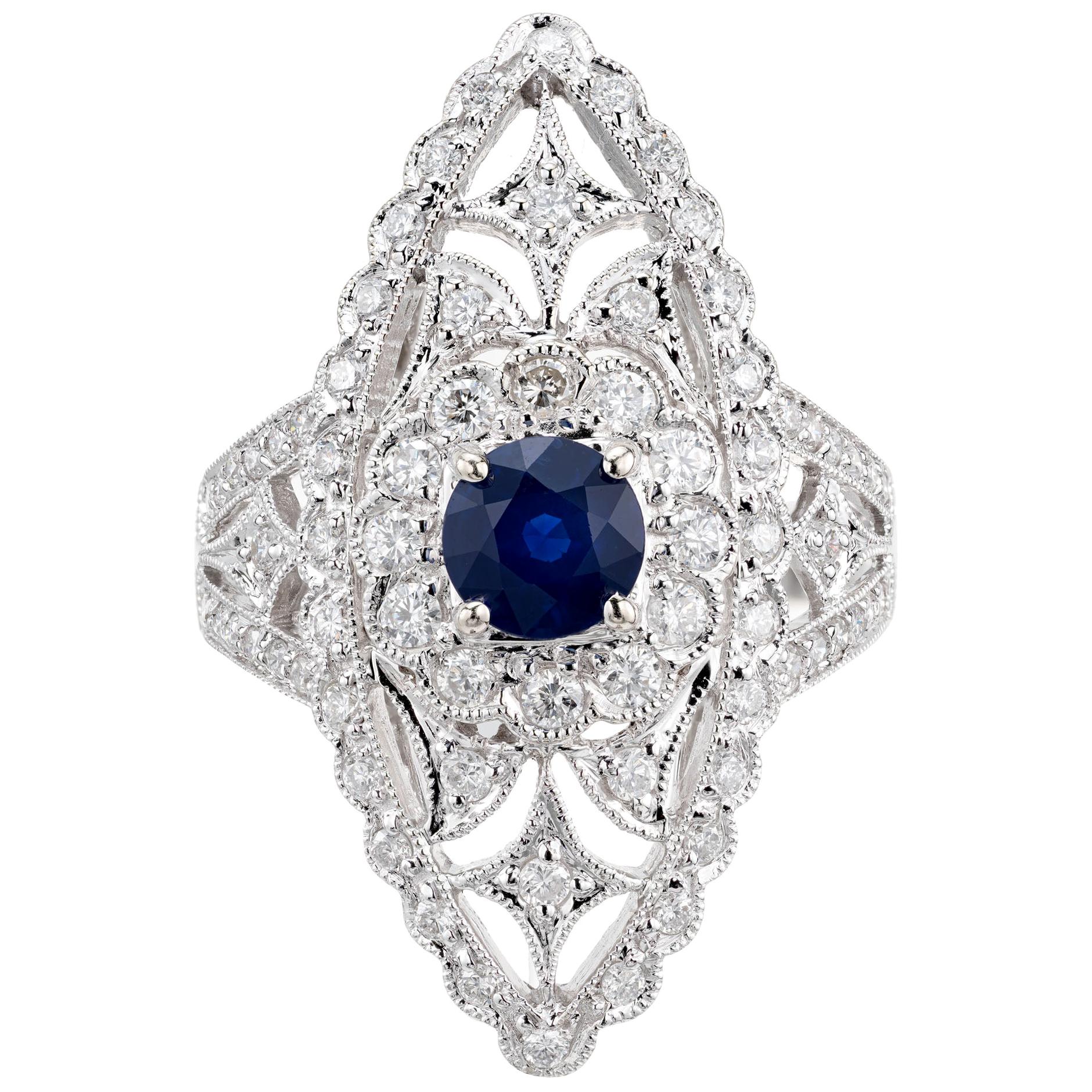 Anello da cocktail in oro bianco con diamante e zaffiro blu da 0,65 carati in vendita