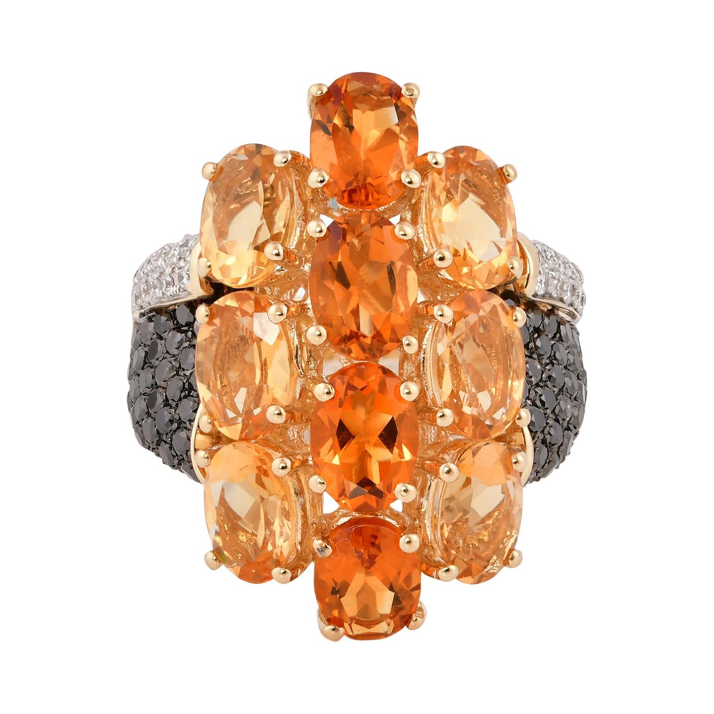 6.5 Carat Citrine with Black and White Diamond Ring in 14 Karat Yellow Gold For Sale