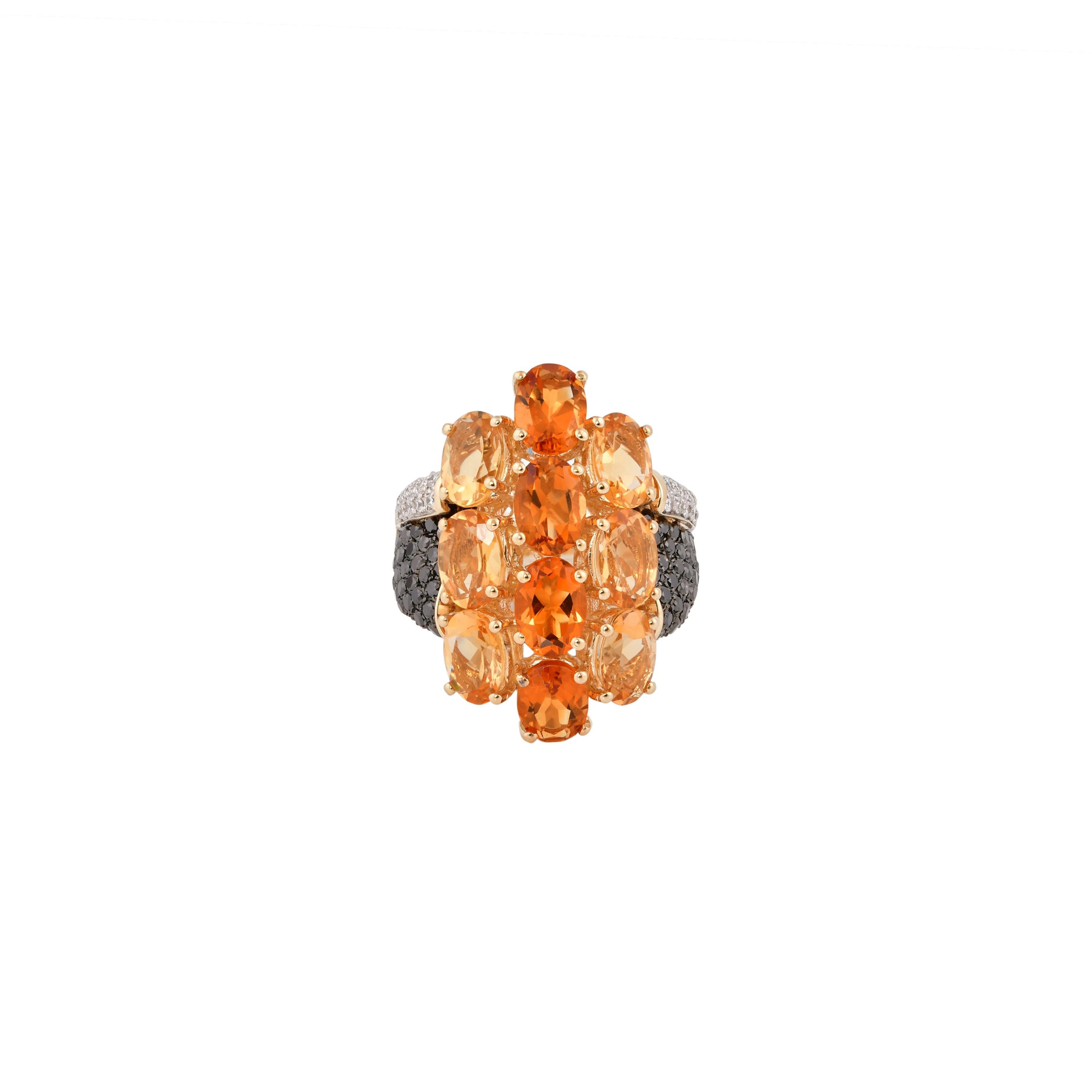 Contemporary 6.5 Carat Citrine with Black and White Diamond Ring in 14 Karat Yellow Gold For Sale