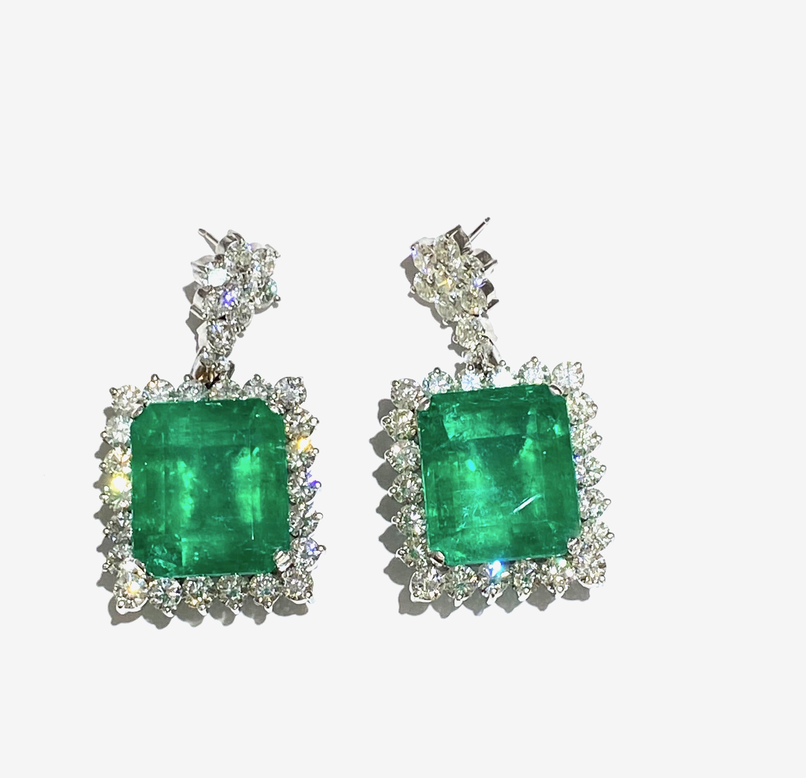 Women's or Men's 65 Carat Colombian Emerald and 15.50ct Diamond Halo Drop Earrings 18 Karat Gold