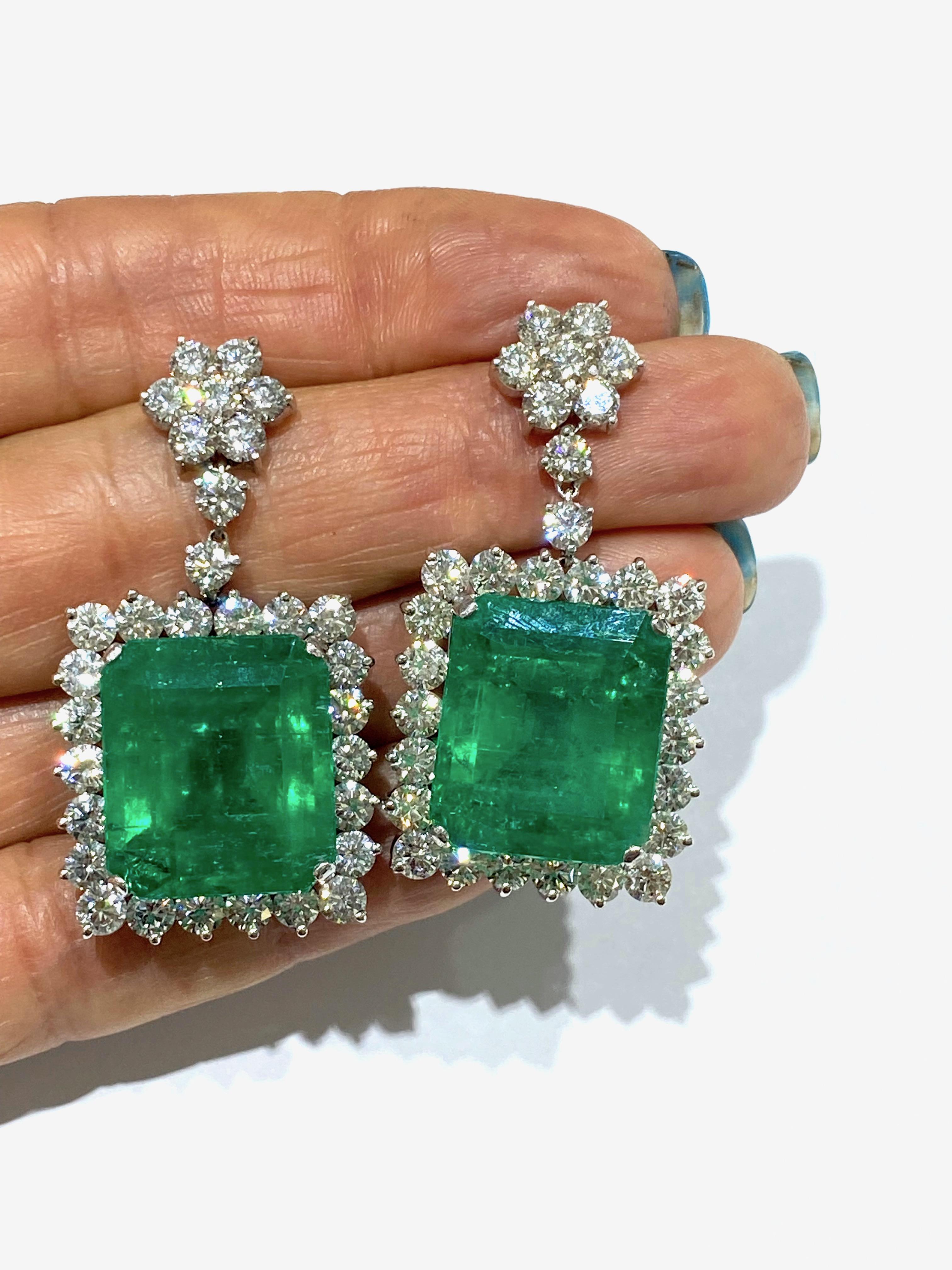 Emerald Cut 65 Carat Colombian Emerald and 15.50ct Diamond Halo Drop Earrings 18 Karat Gold
