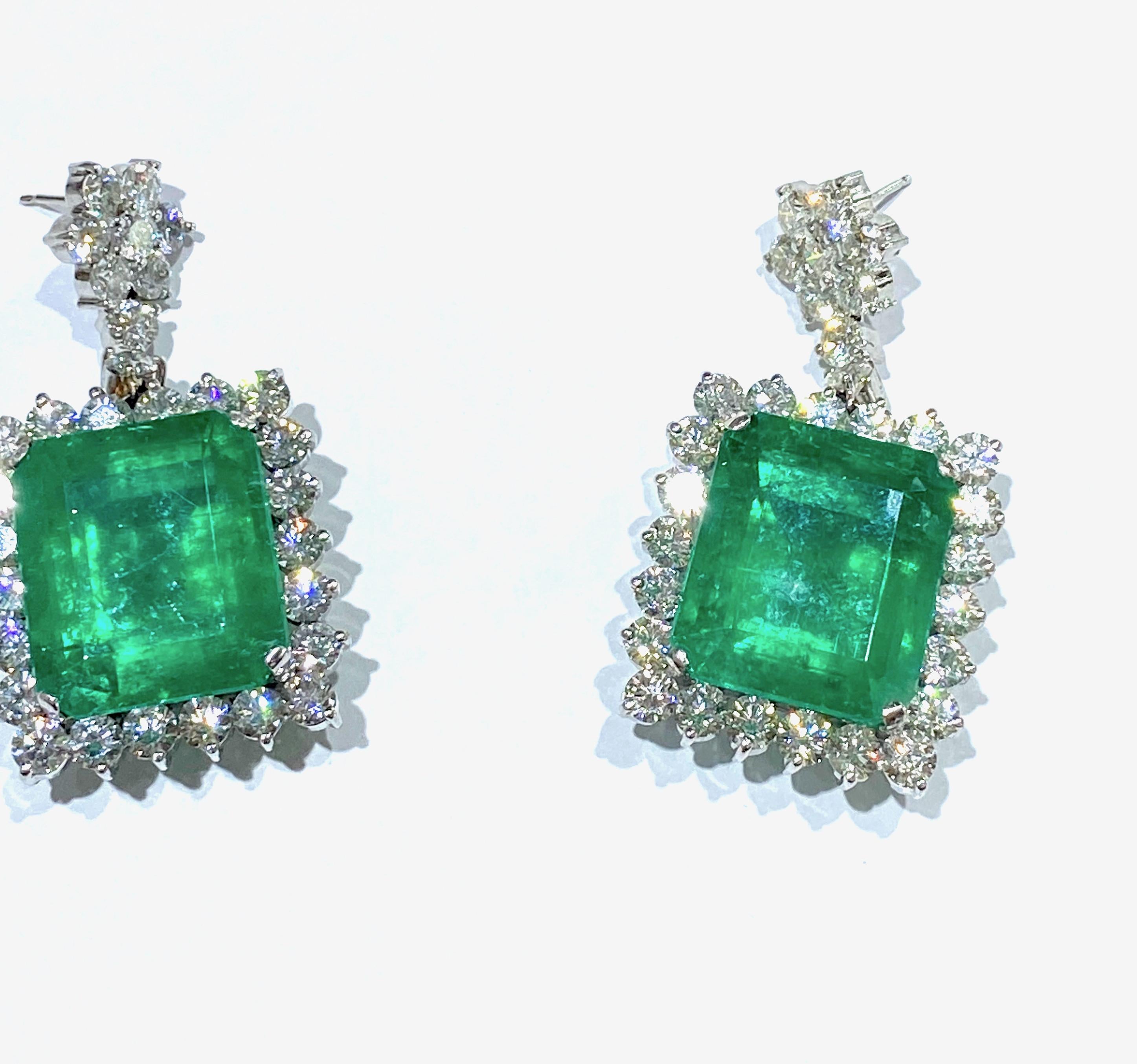 65 Carat Colombian Emerald and 15.50ct Diamond Halo Drop Earrings 18 Karat Gold 1