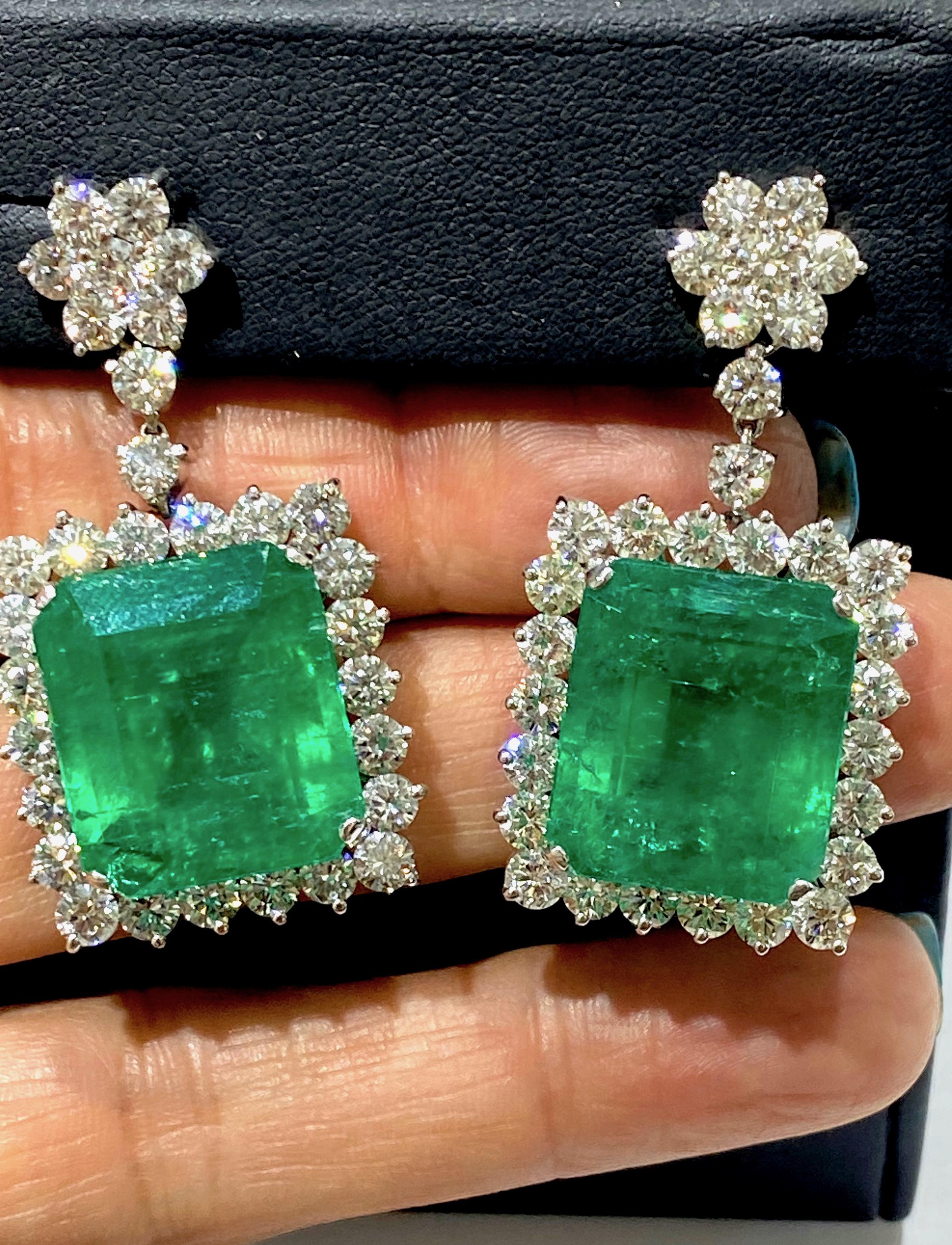 65 Carat Colombian Emerald and 15.50ct Diamond Halo Drop Earrings 18 Karat Gold In Excellent Condition In Laguna Hills, CA