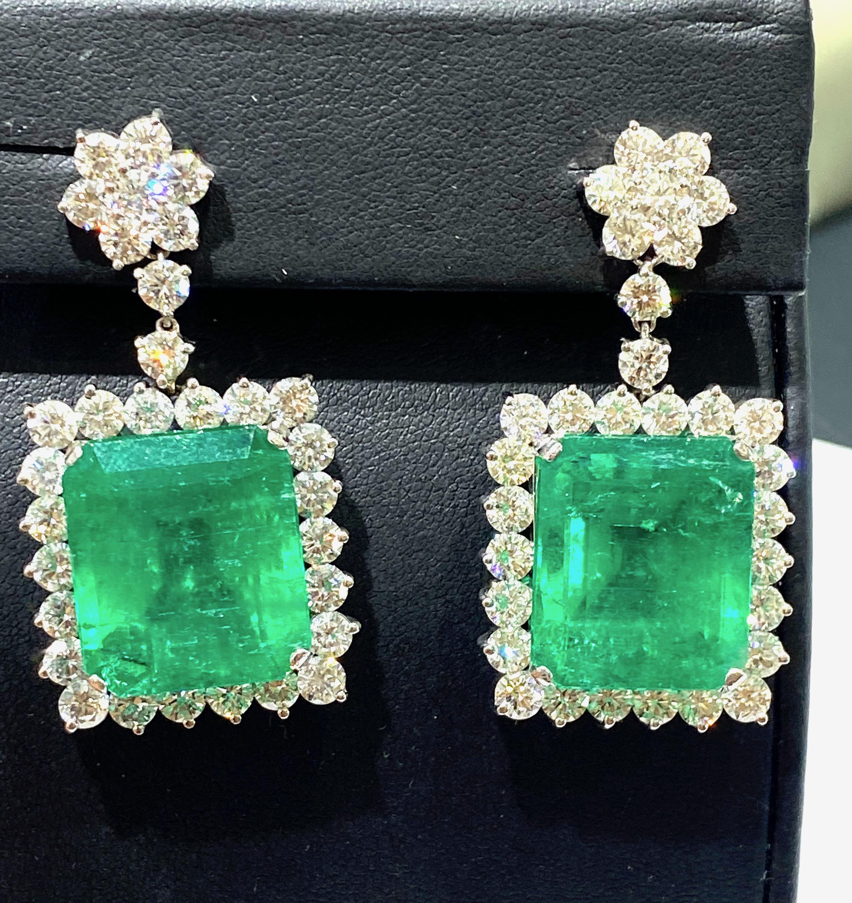 65 Carat Colombian Emerald and 15.50ct Diamond Halo Drop Earrings 18 Karat Gold 3