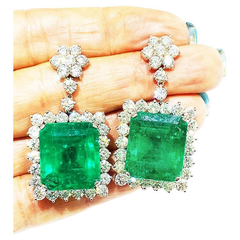 65 Carat Colombian Emerald and 15.50ct Diamond Halo Drop Earrings 18 Karat Gold 4
