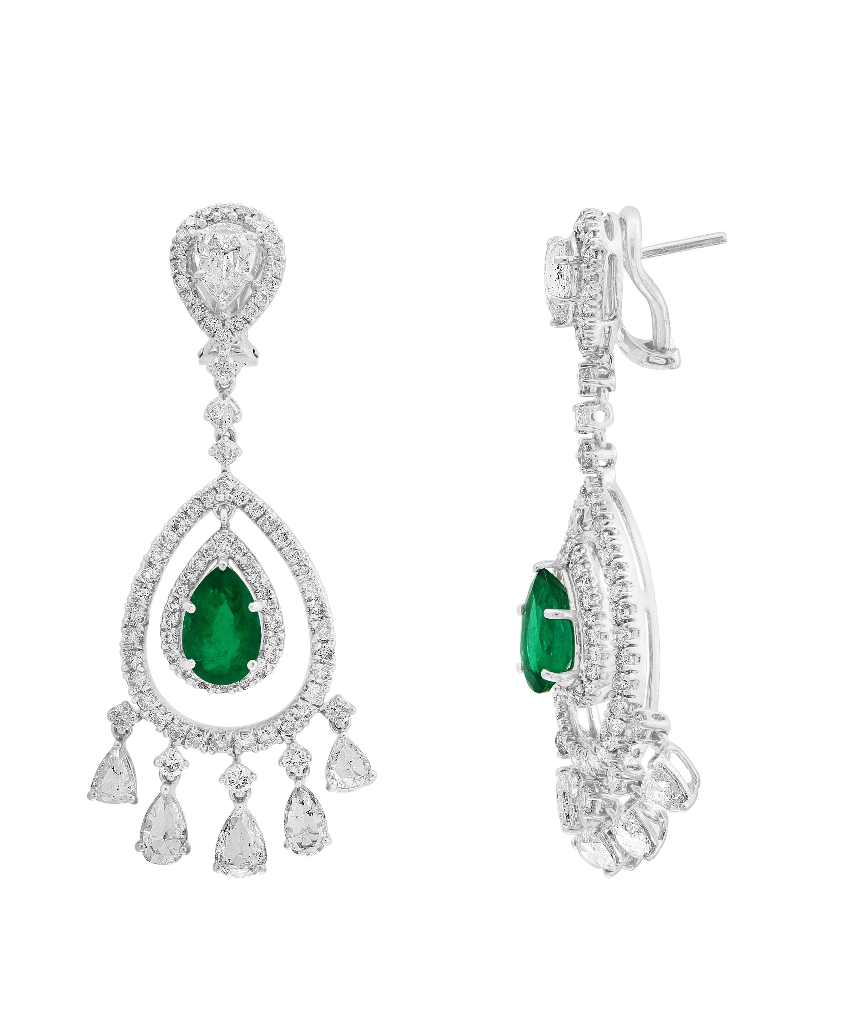 Pear Cut GIA Certified 6.5Ct Zambian Pear Emerald Diamond Hanging/Drop Earrings 18KW Gold For Sale