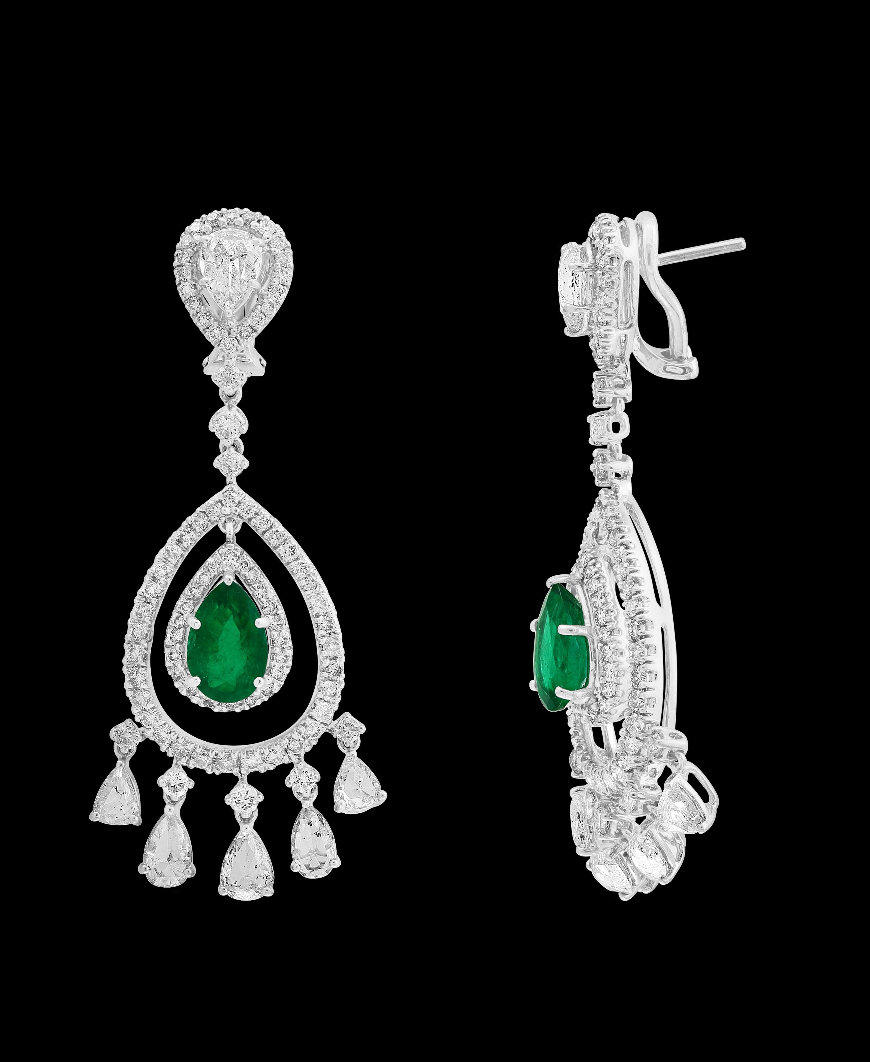 Women's GIA Certified 6.5Ct Zambian Pear Emerald Diamond Hanging/Drop Earrings 18KW Gold For Sale