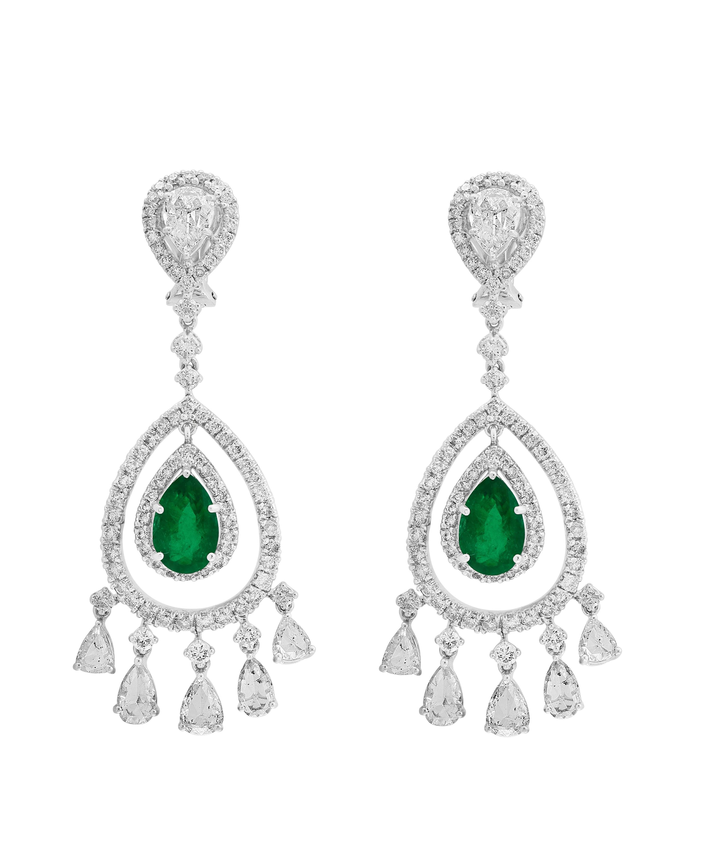 GIA Certified 6.5Ct Zambian Pear Emerald Diamond Hanging/Drop Earrings 18KW Gold For Sale 2