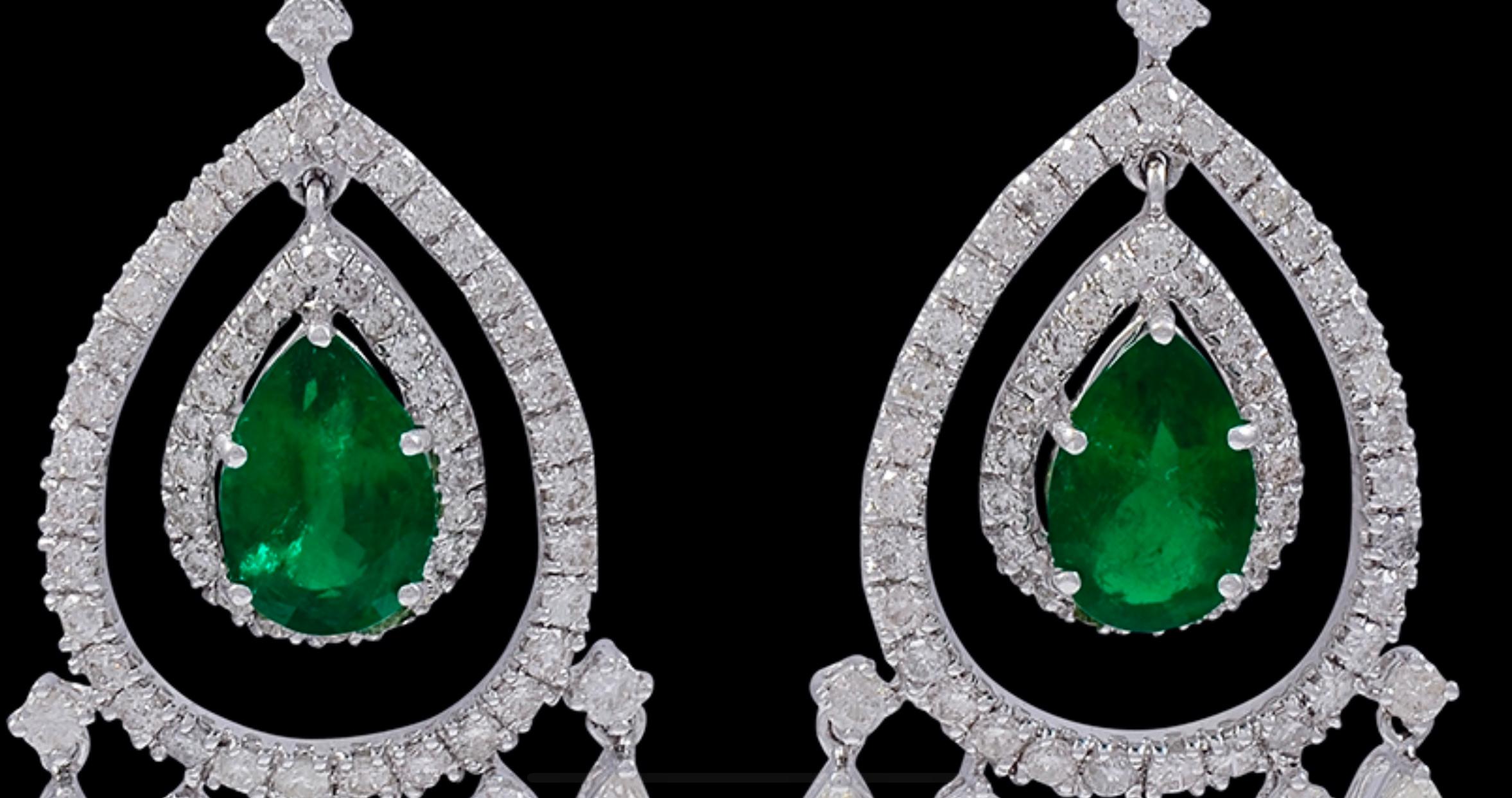 GIA Certified 6.5Ct Zambian Pear Emerald Diamond Hanging/Drop Earrings 18KW Gold For Sale 9