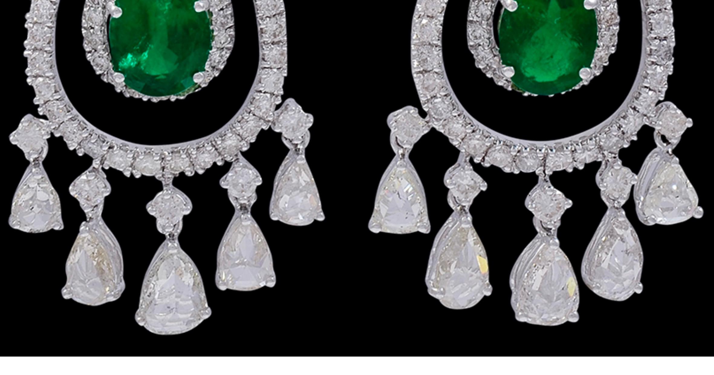 GIA Certified 6.5Ct Zambian Pear Emerald Diamond Hanging/Drop Earrings 18KW Gold For Sale 10