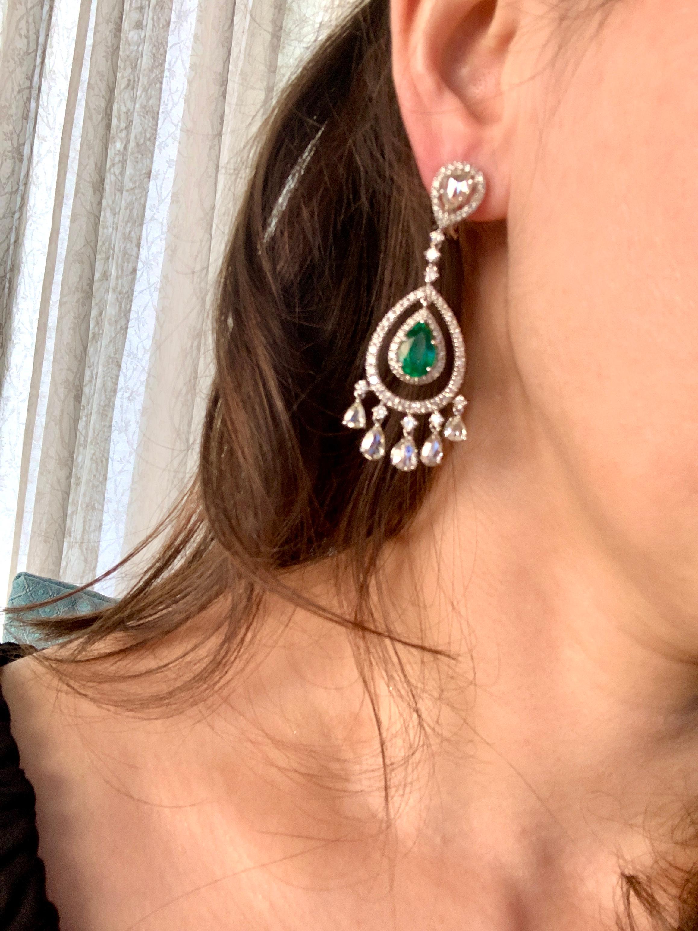 GIA Certified 6.5Ct Zambian Pear Emerald Diamond Hanging/Drop Earrings 18KW Gold For Sale 12
