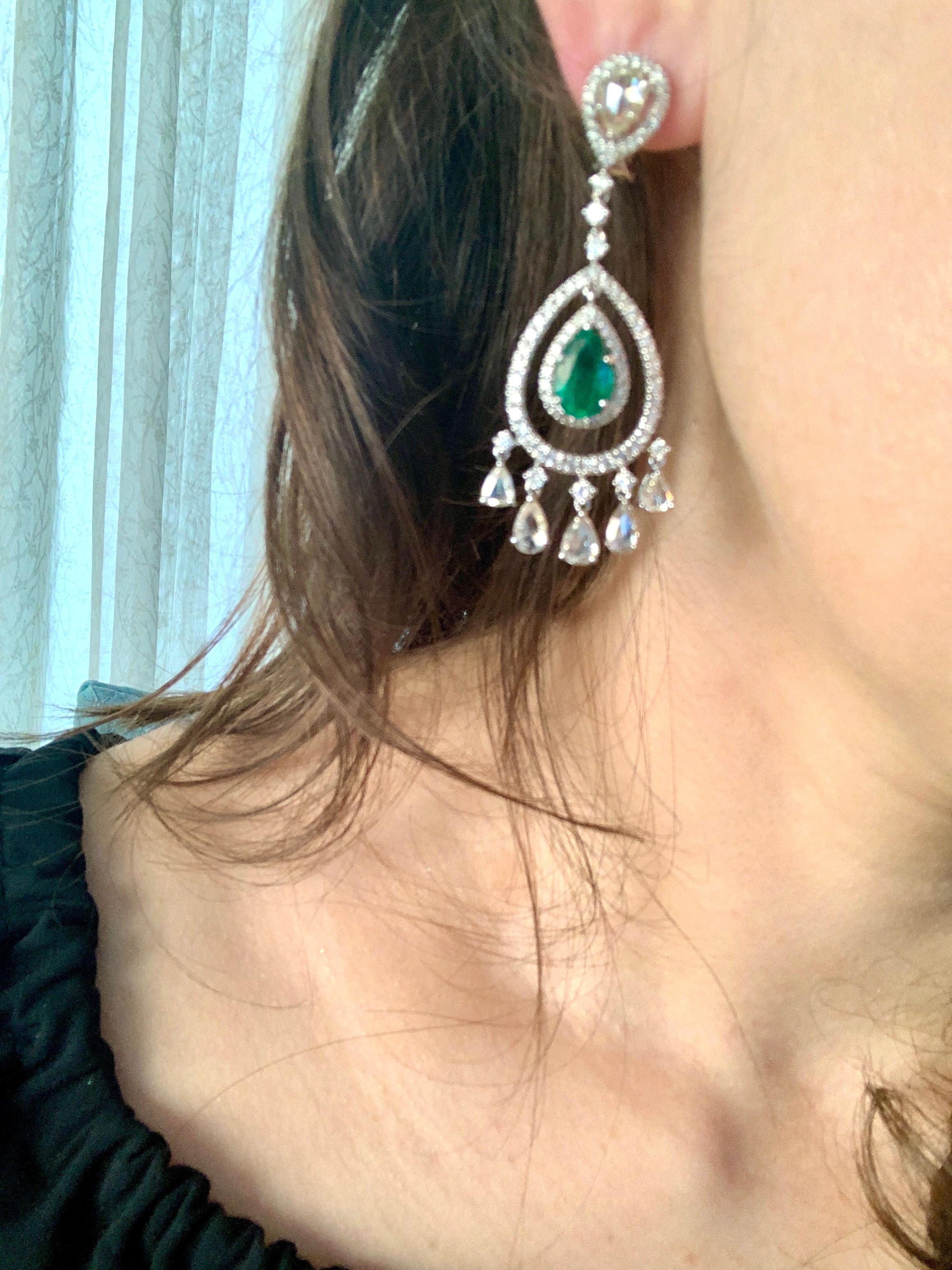 GIA Certified 6.5Ct Zambian Pear Emerald Diamond Hanging/Drop Earrings 18KW Gold For Sale 6