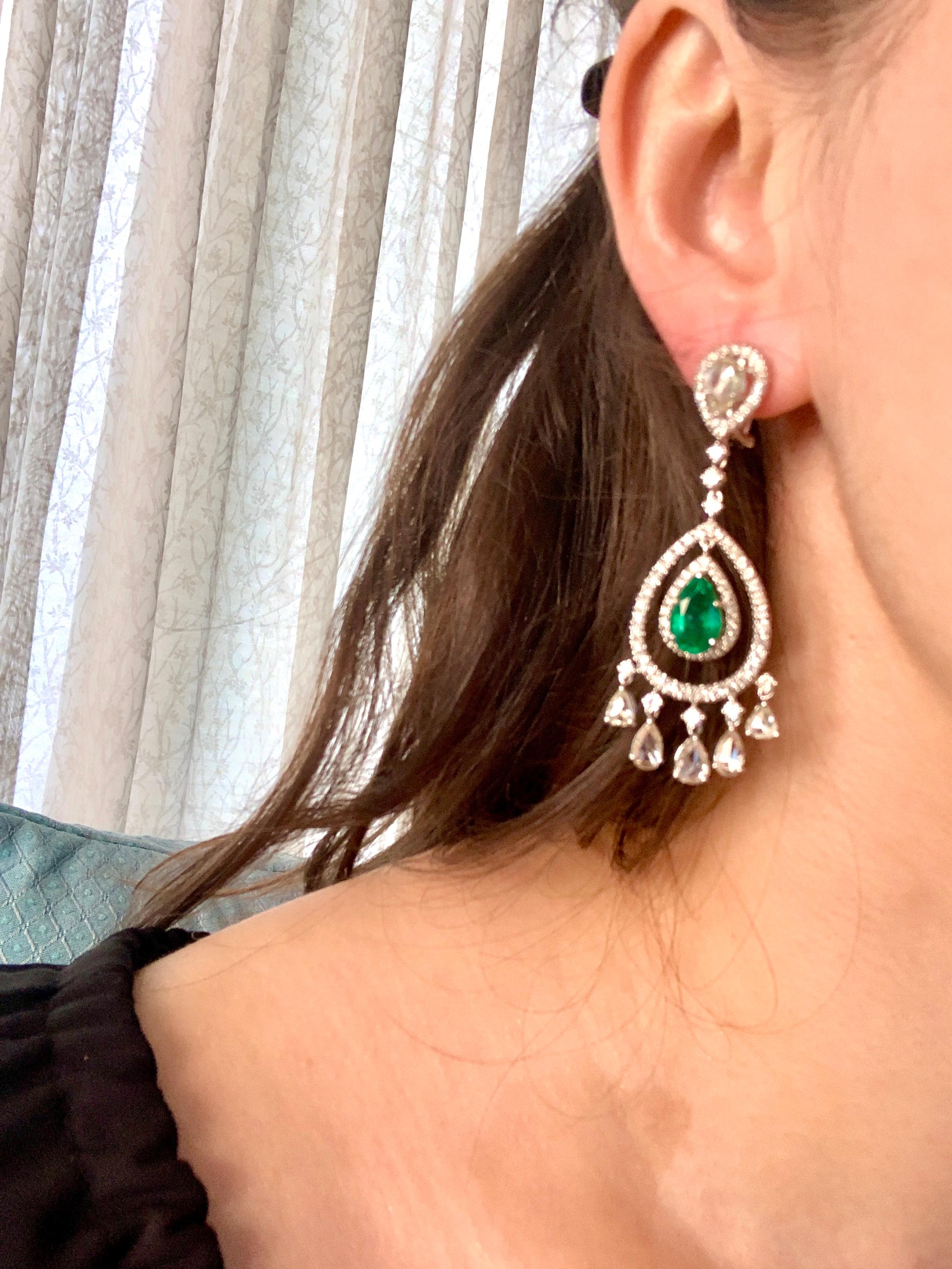 GIA Certified 6.5Ct Zambian Pear Emerald Diamond Hanging/Drop Earrings 18KW Gold For Sale 13