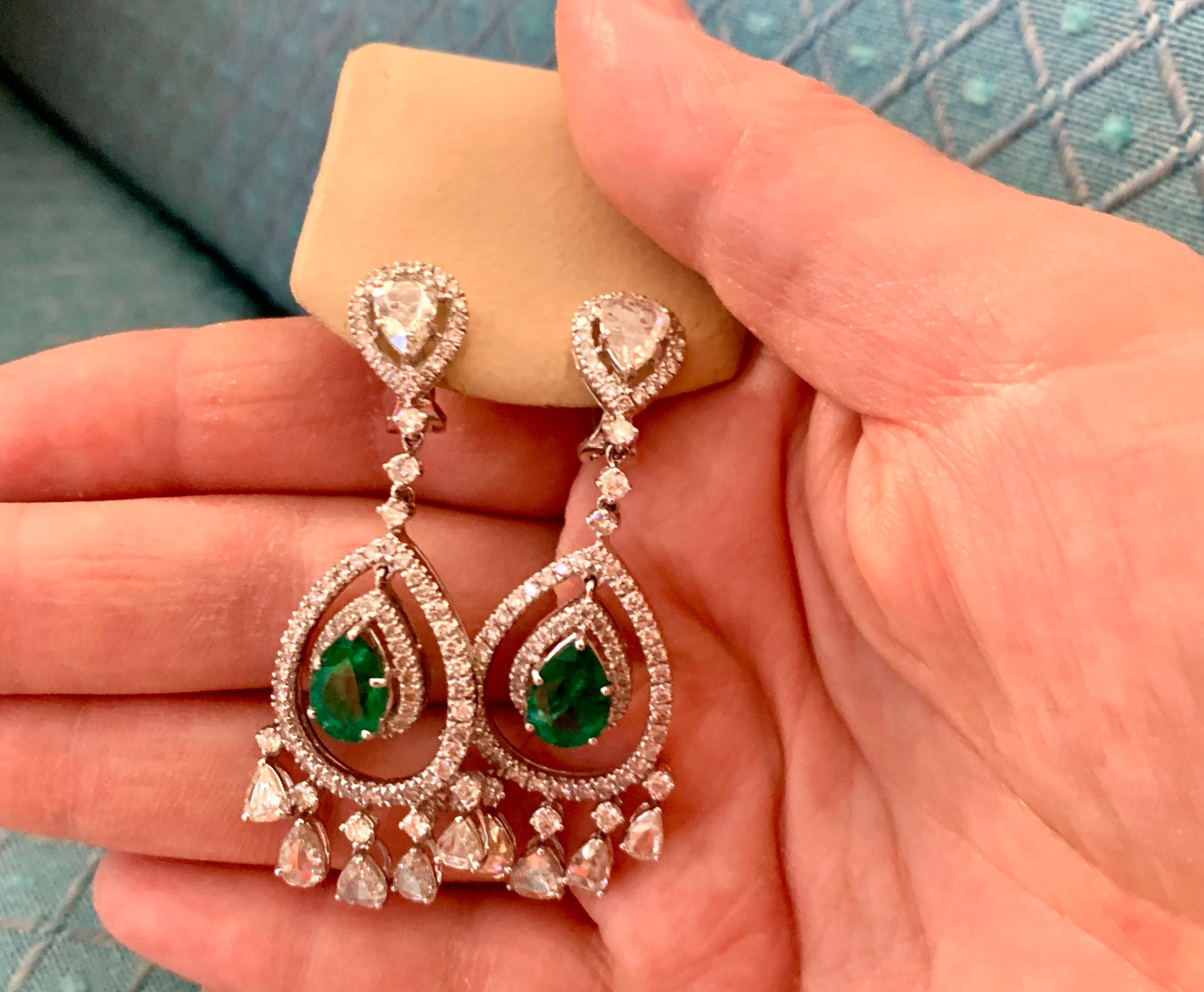 GIA Certified 6.5Ct Zambian Pear Emerald Diamond Hanging/Drop Earrings 18KW Gold For Sale 5