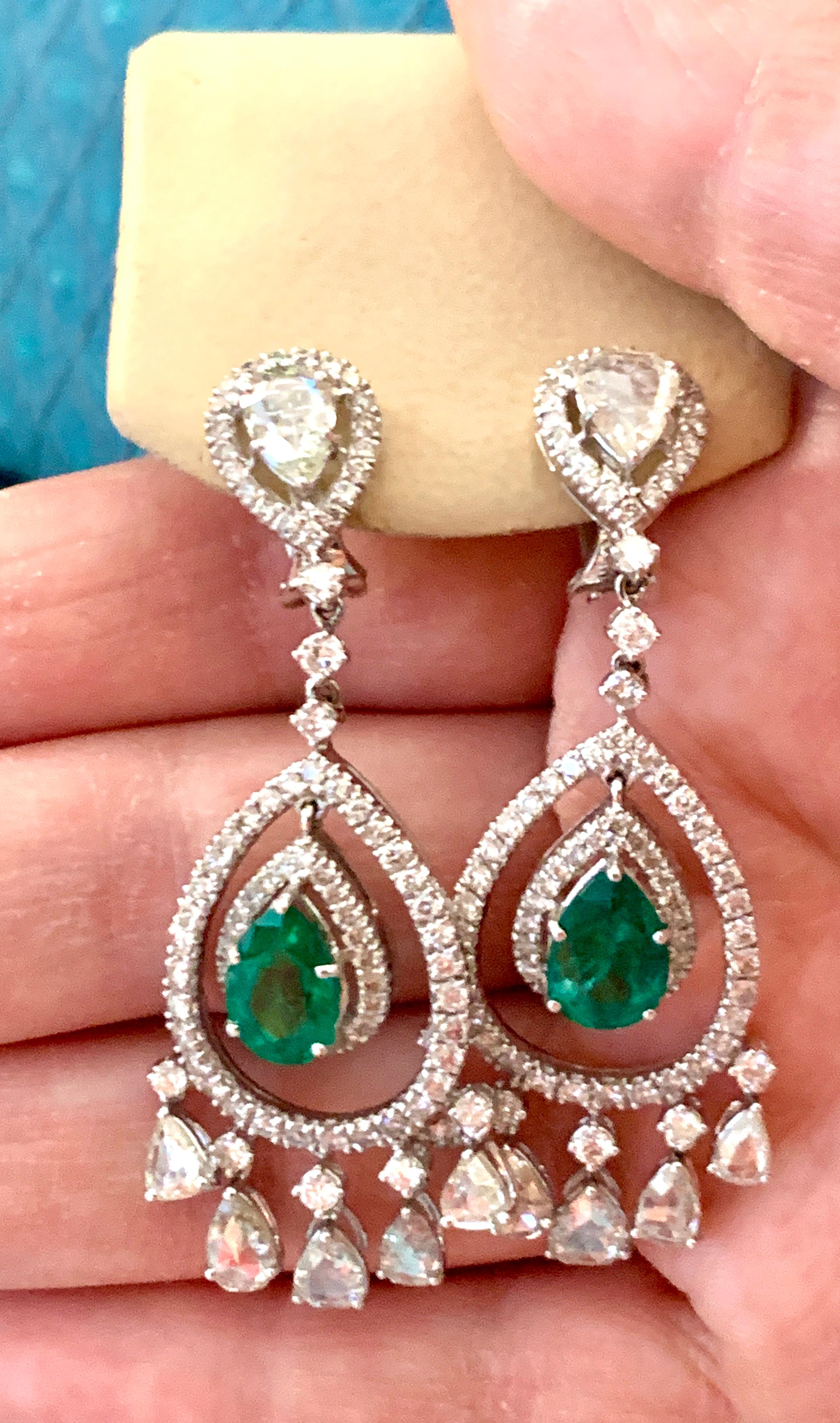 GIA Certified 6.5Ct Zambian Pear Emerald Diamond Hanging/Drop Earrings 18KW Gold For Sale 1