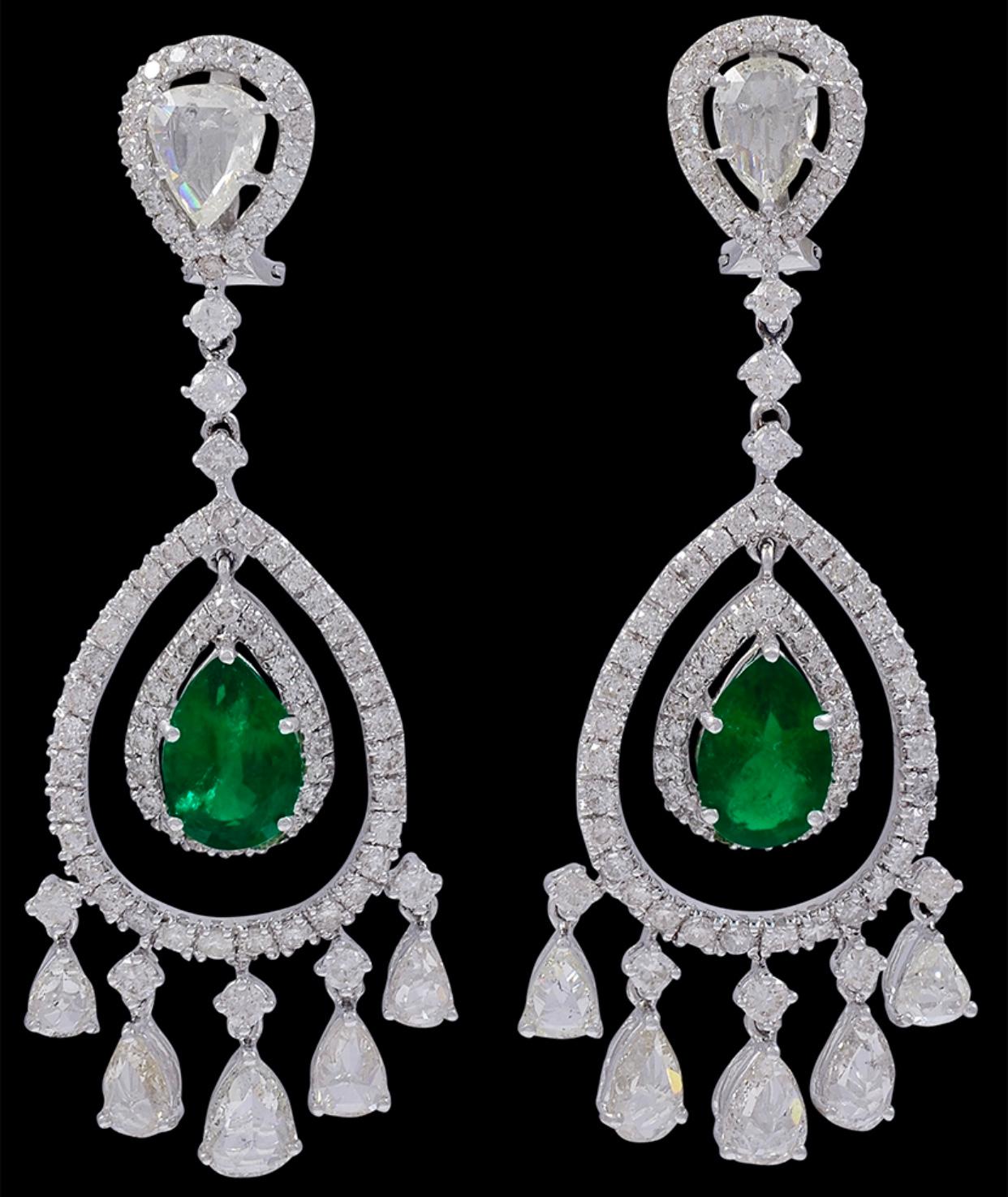 GIA Certified 6.5Ct Zambian Pear Emerald Diamond Hanging/Drop Earrings 18KW Gold For Sale 7