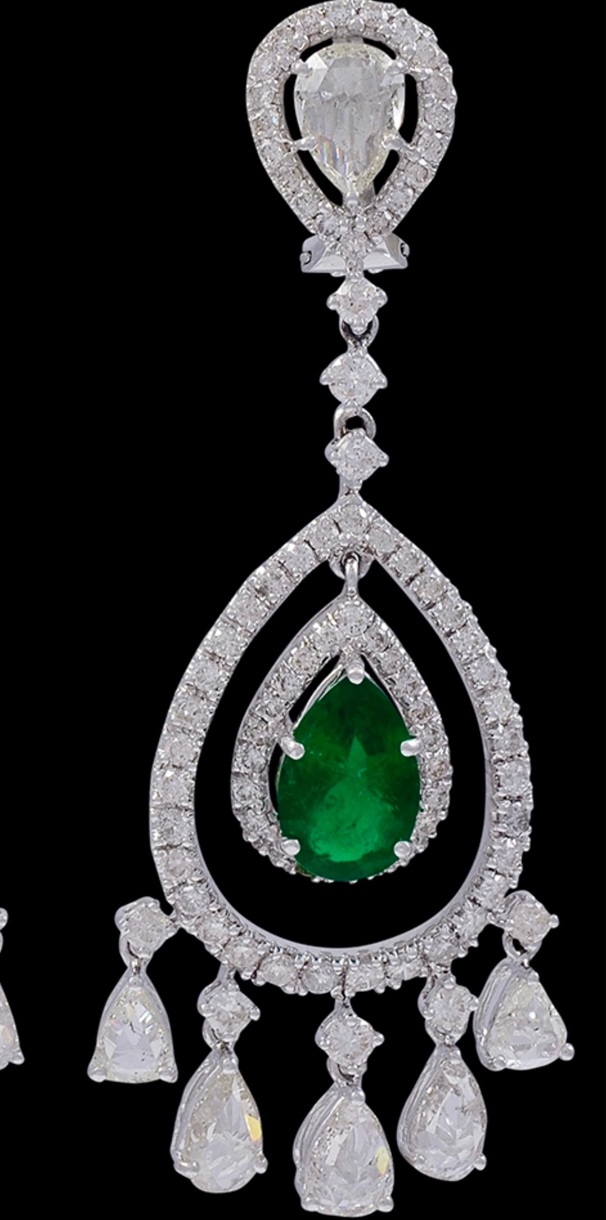 GIA Certified 6.5Ct Zambian Pear Emerald Diamond Hanging/Drop Earrings 18KW Gold For Sale 8