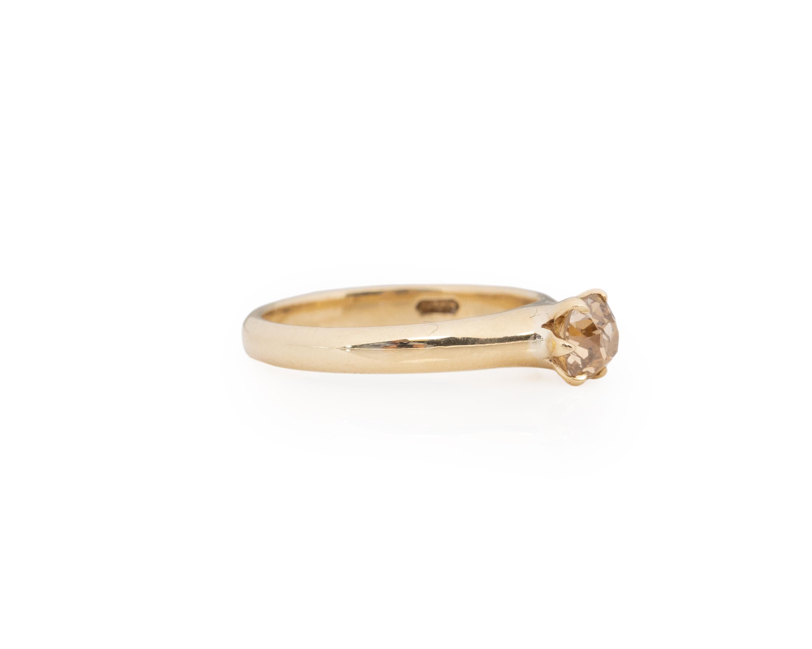 Metal Type: 14K Yellow Gold [Hallmarked, and Tested]
Weight: 3.5 grams

Center Diamond Details:
Weight: .65ct
Cut: Old Mine Brilliant - Antique Cushion
Color: Fancy Natural Brown (Cognac Color)
Clarity: I1

Finger to Top of Stone Measurement: