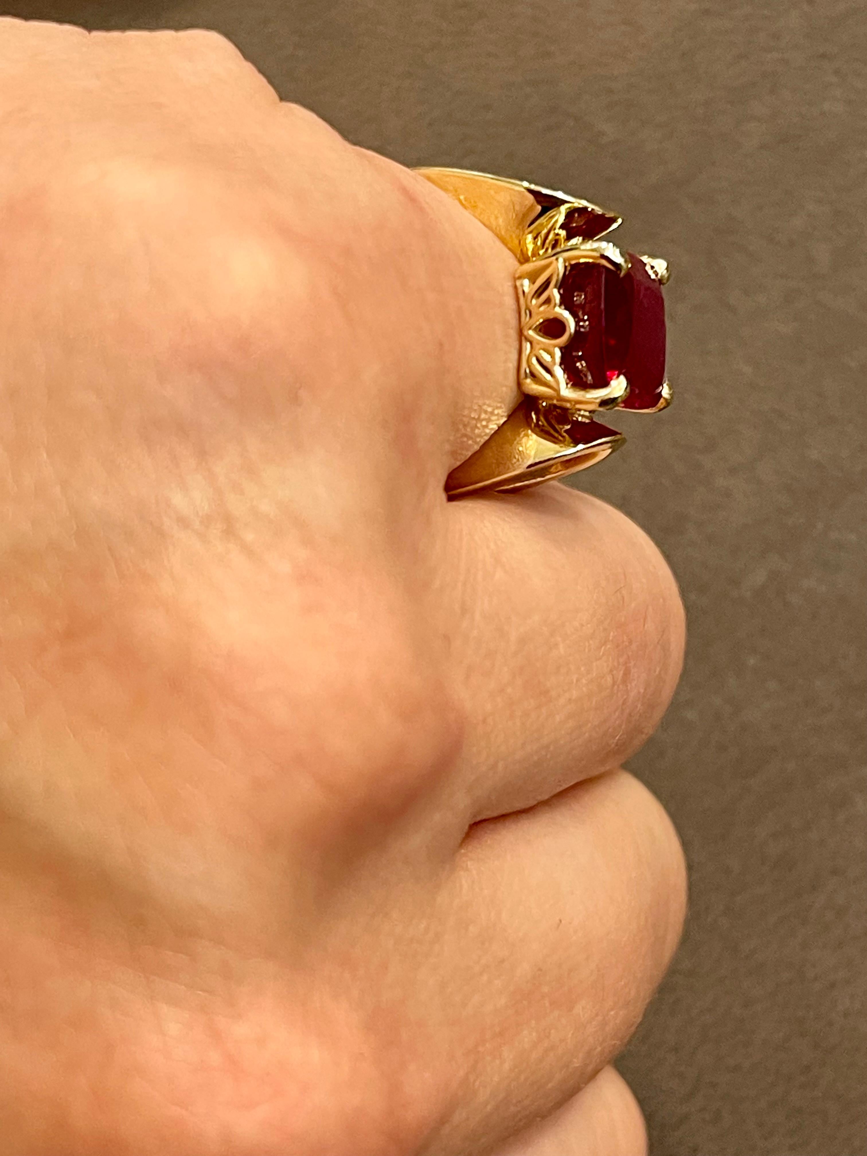 6.5 Carat Cushion Shape Treated Ruby 14 Karat Yellow Gold Ring For Sale 6