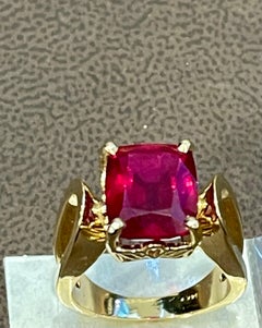 6.5 Carat Cushion Shape Treated Ruby 14 Karat Yellow Gold Ring
