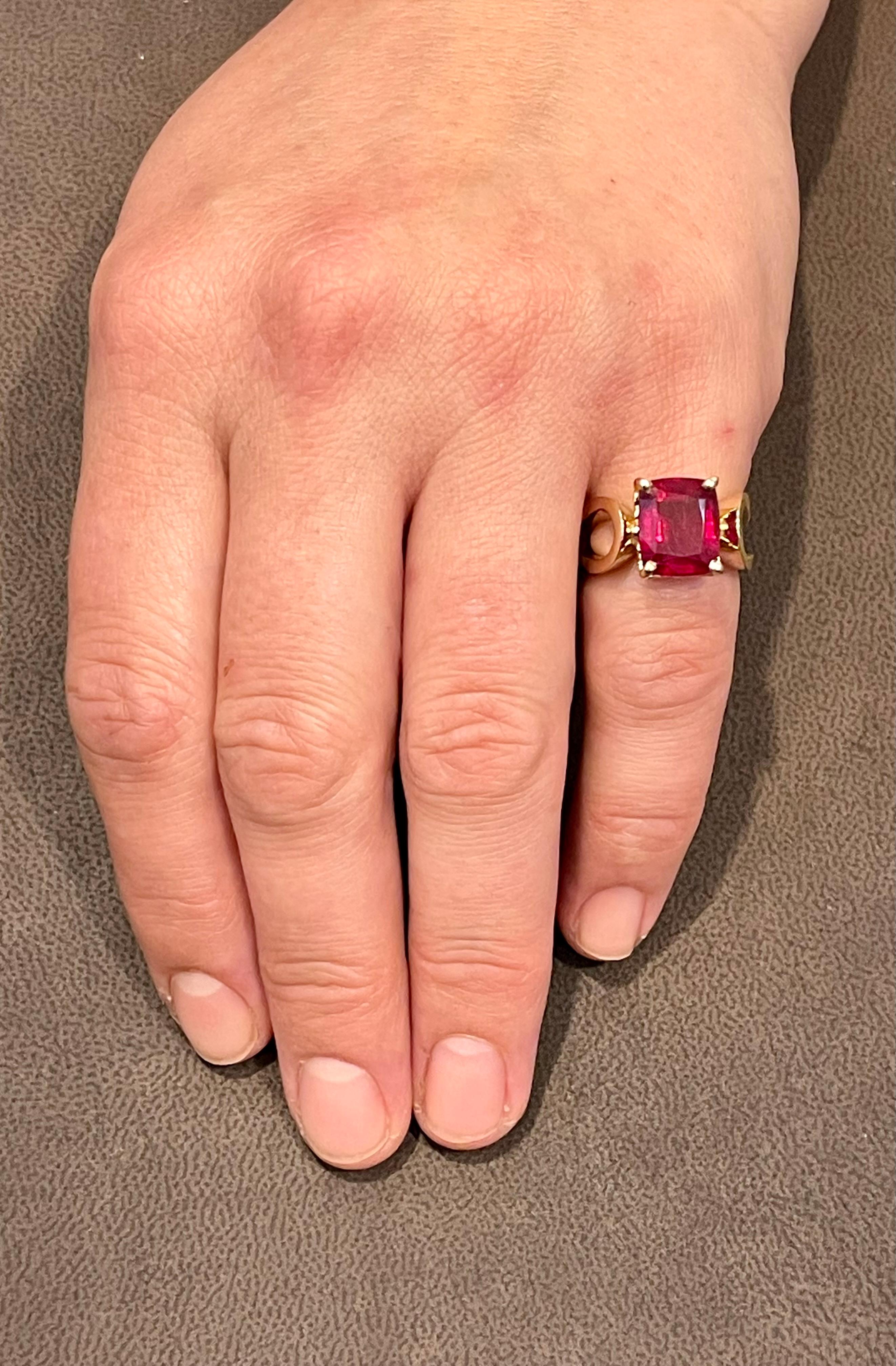 Cushion Cut 6.5 Carat Cushion Shape Treated Ruby 14 Karat Yellow Gold Ring For Sale