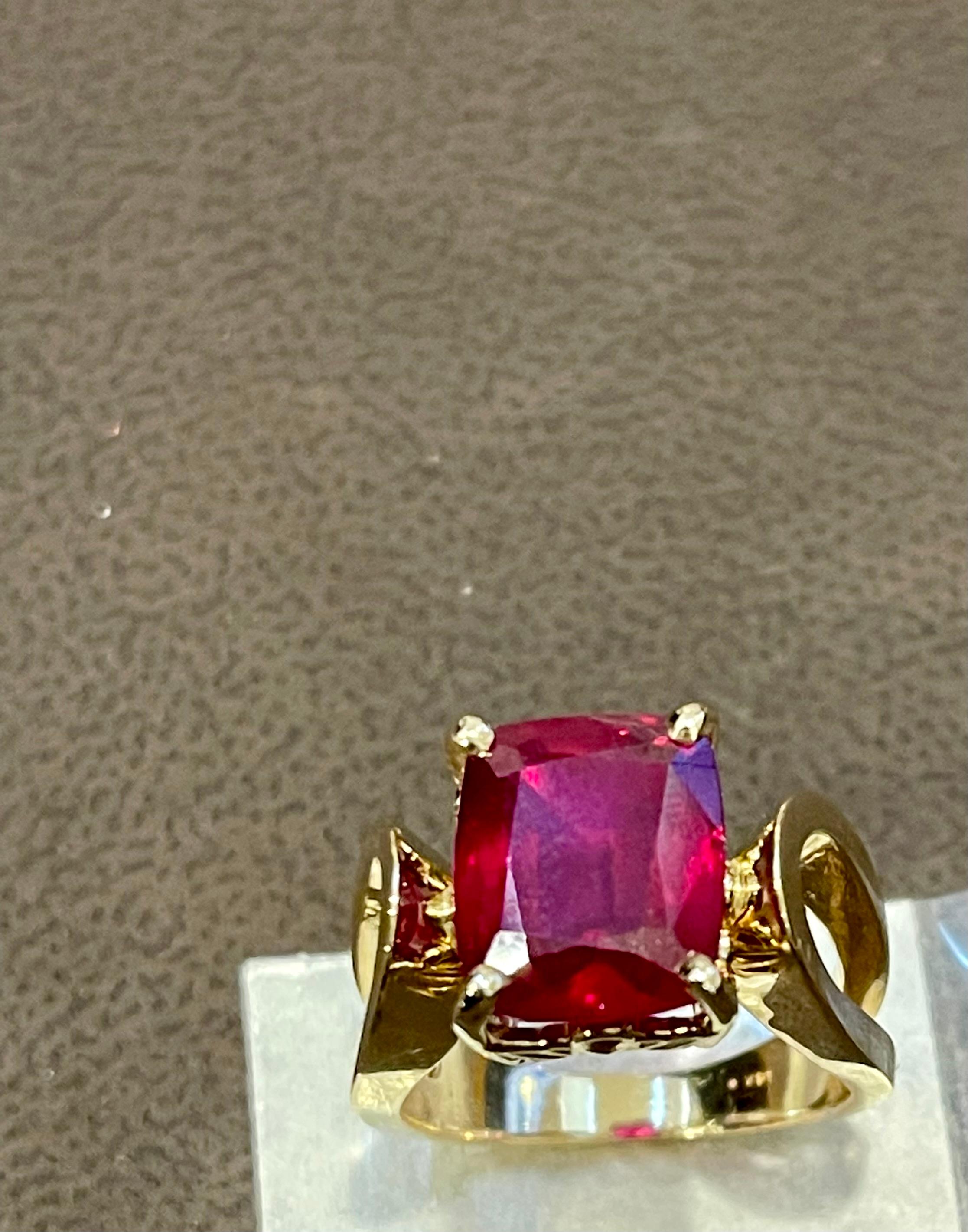 Women's 6.5 Carat Cushion Shape Treated Ruby 14 Karat Yellow Gold Ring For Sale