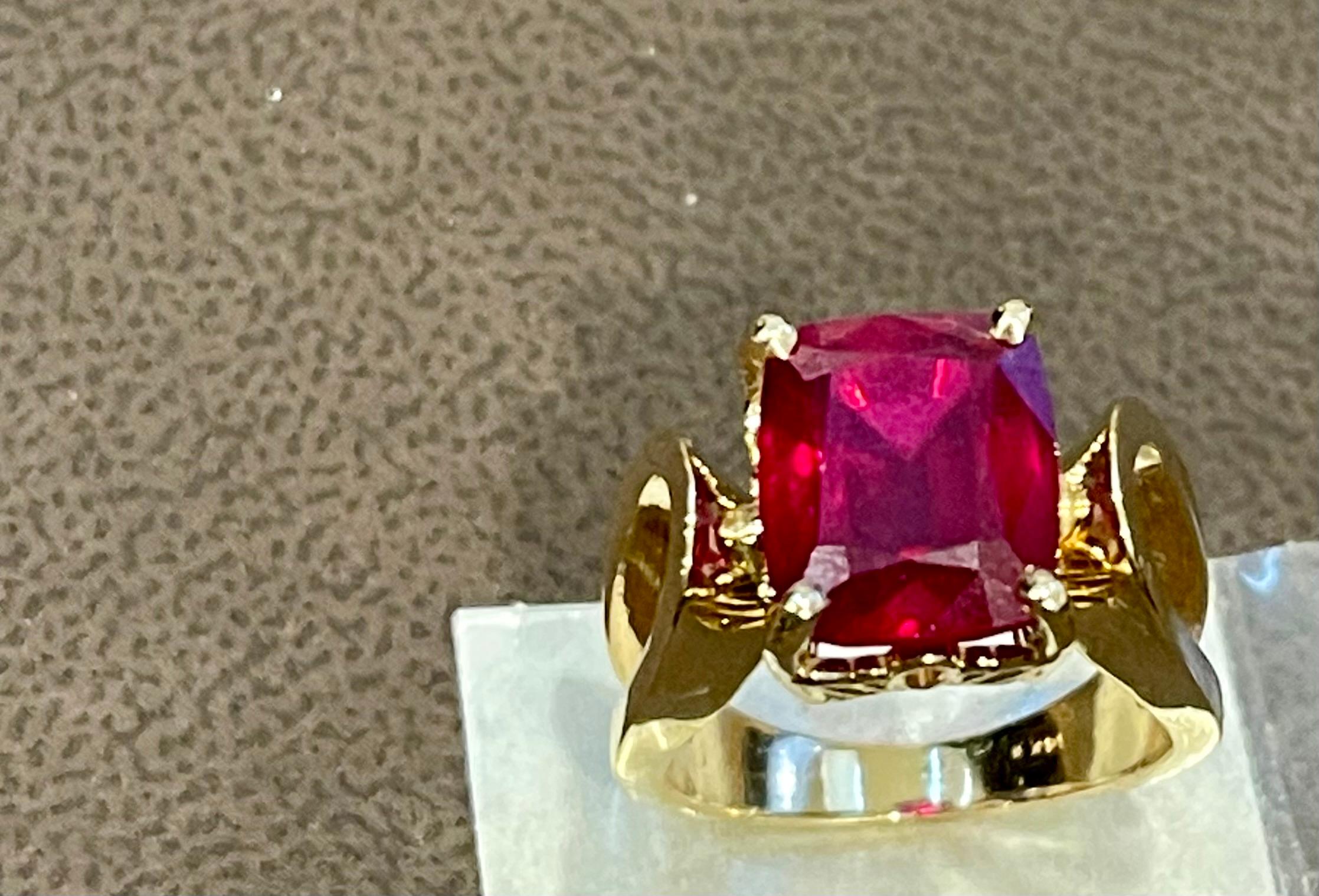 6.5 Carat Cushion Shape Treated Ruby 14 Karat Yellow Gold Ring For Sale 1