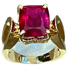 6.5 Carat Cushion Shape Treated Ruby 14 Karat Yellow Gold Ring