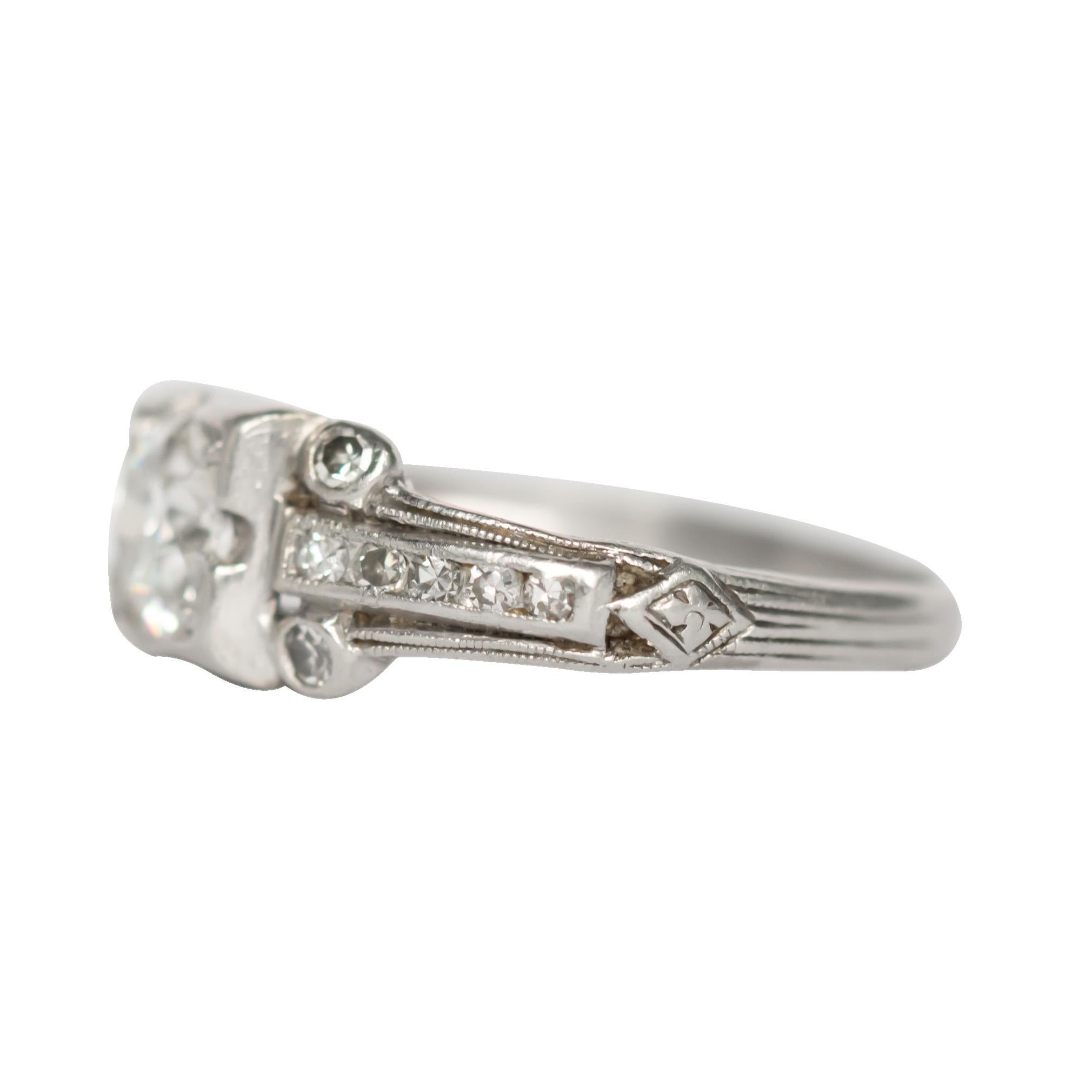 Ring Size: 5.95
Metal Type: Platinum
Weight: 3.2 grams

Center Diamond Details
Shape: Old European Brilliant 
Carat Weight: .65 carat
Color: I
Clarity: VS1

Side Stone Details: 
Shape: Antique Single Cut
Total Carat Weight: .20 carat total