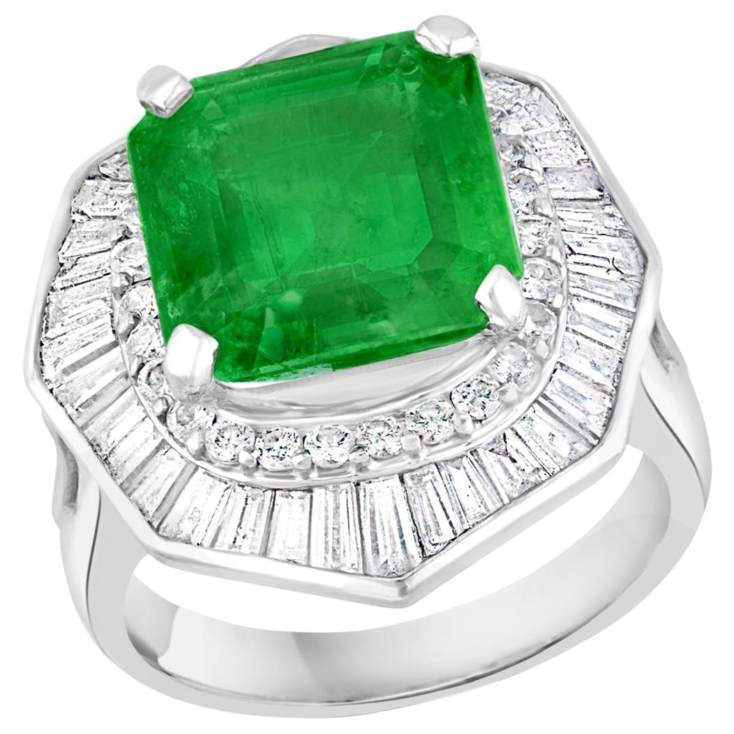 6.5 Carat Emerald Cut Colombian Emerald and 2.4 Carat Diamond Ring Platinum For Sale