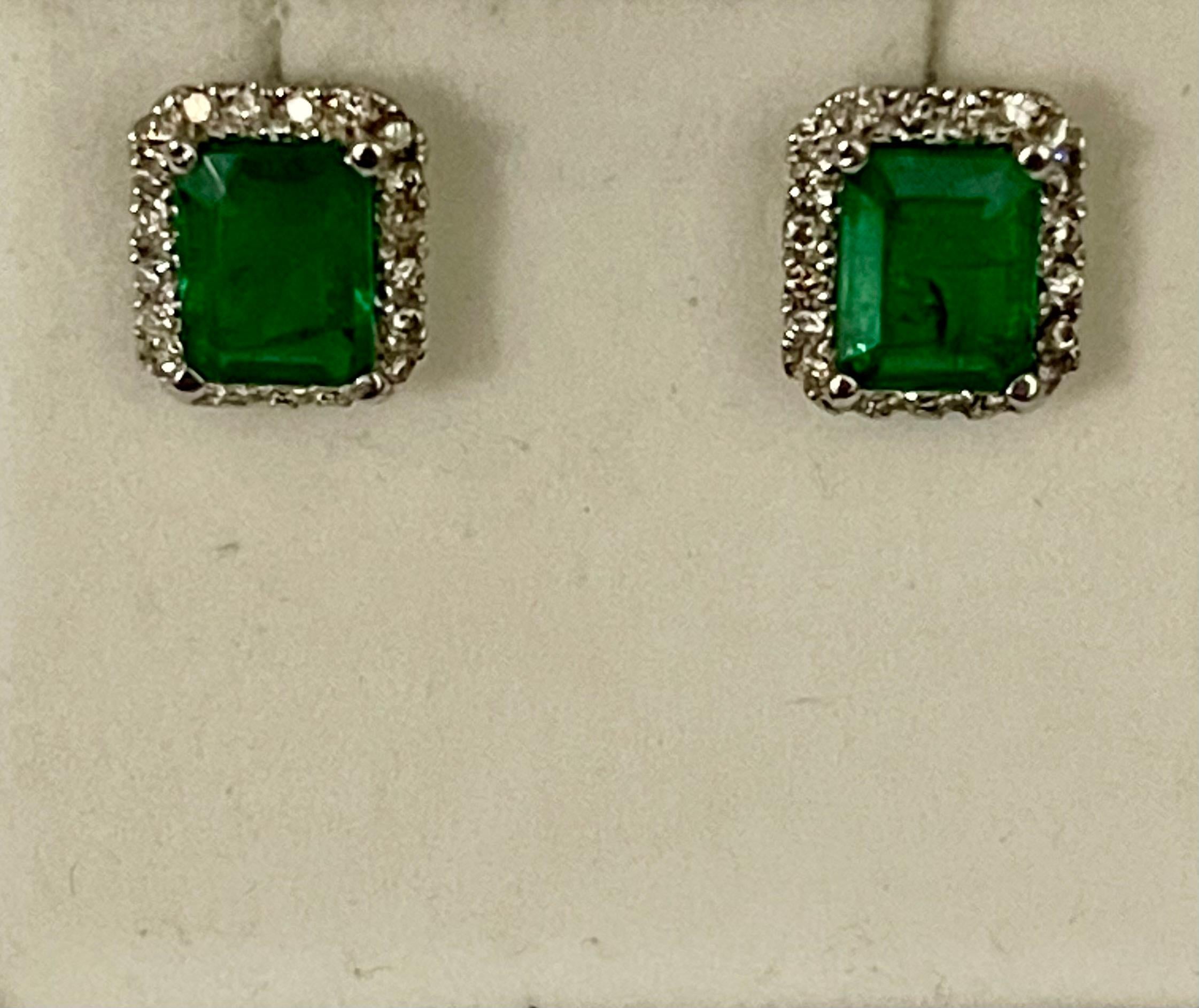 6.5 Carat Emerald Cut Emerald & 1.25 Ct Diamond Stud Earrings 14 Kt White Gold 5