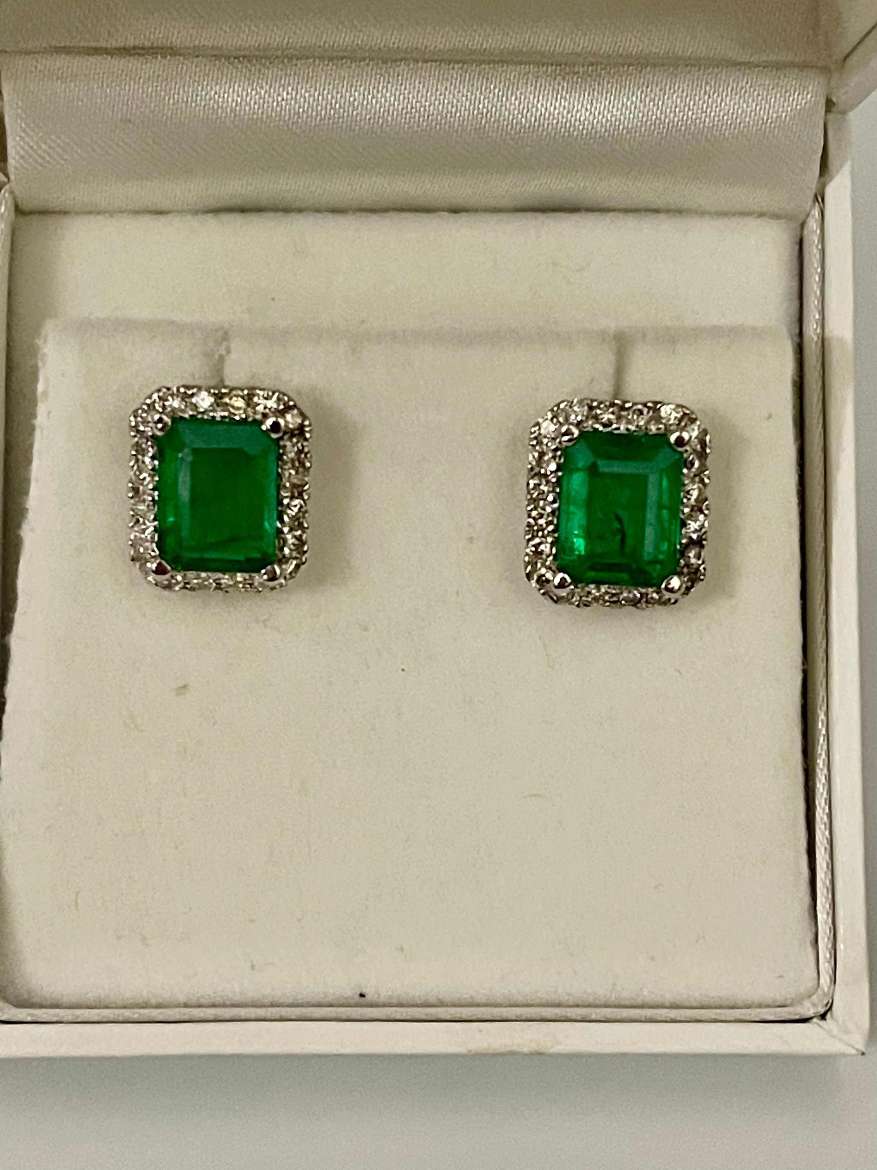 6.5 Carat Emerald Cut Emerald & 1.25 Ct Diamond Stud Earrings 14 Kt White Gold 6