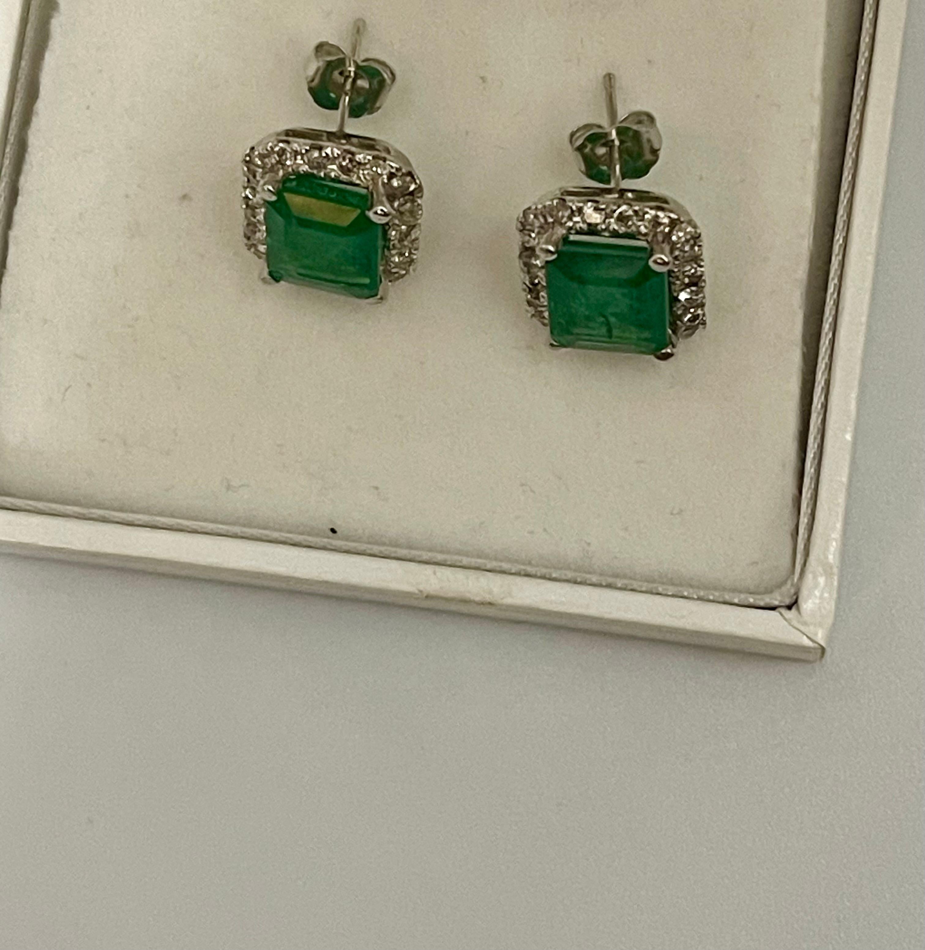 6.5 Carat Emerald Cut Emerald & 1.25 Ct Diamond Stud Earrings 14 Kt White Gold 7