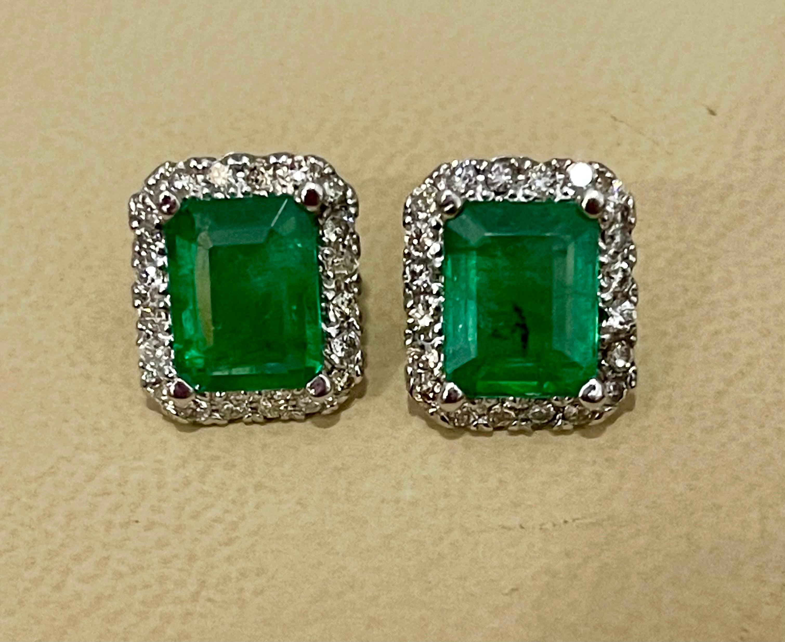 6.5 Carat Emerald Cut Emerald & 1.25 Ct Diamond Stud Earrings 14 Kt White Gold 8