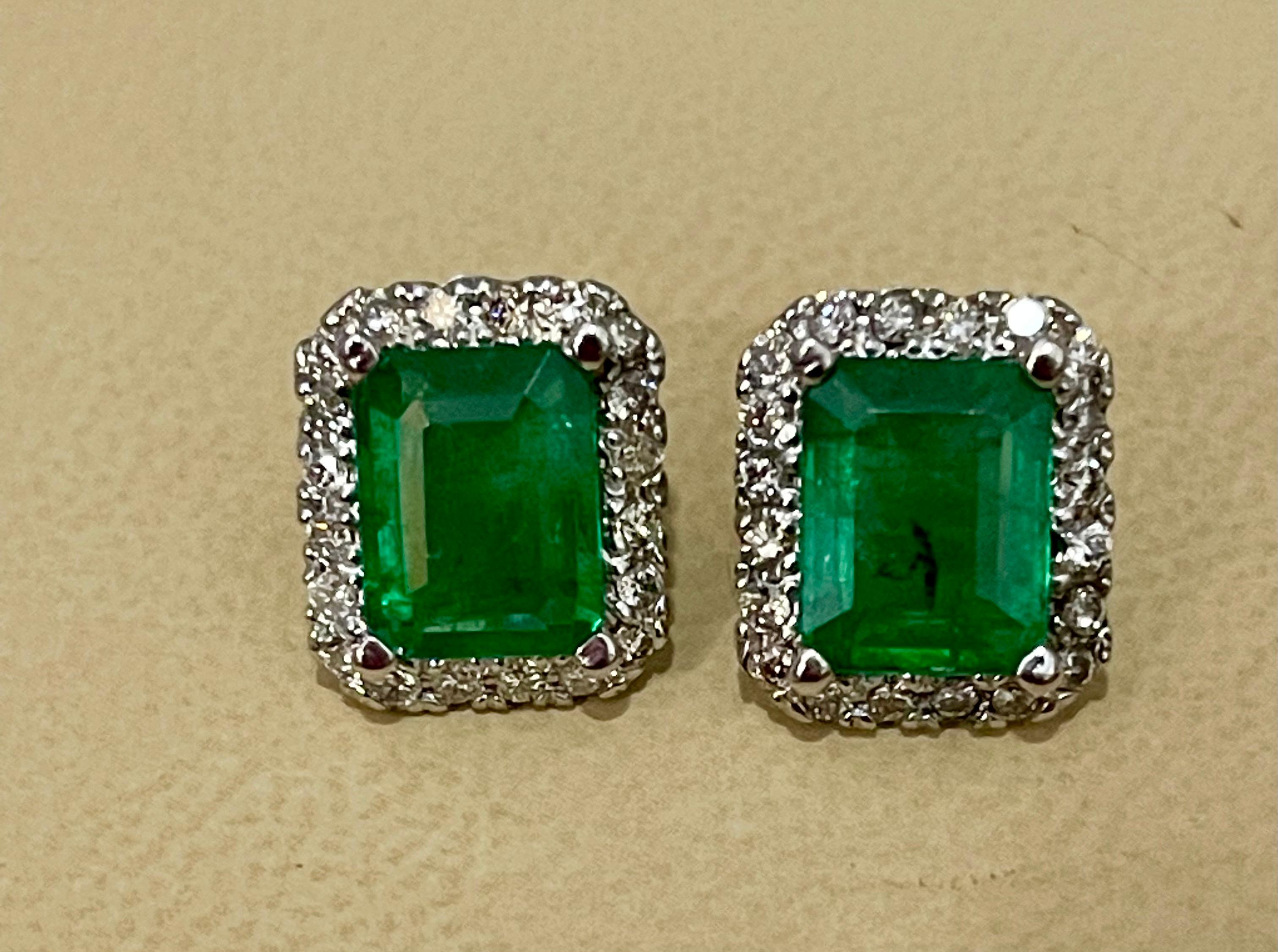 6.5 Carat Emerald Cut Emerald & 1.25 Ct Diamond Stud Earrings 14 Kt White Gold 9