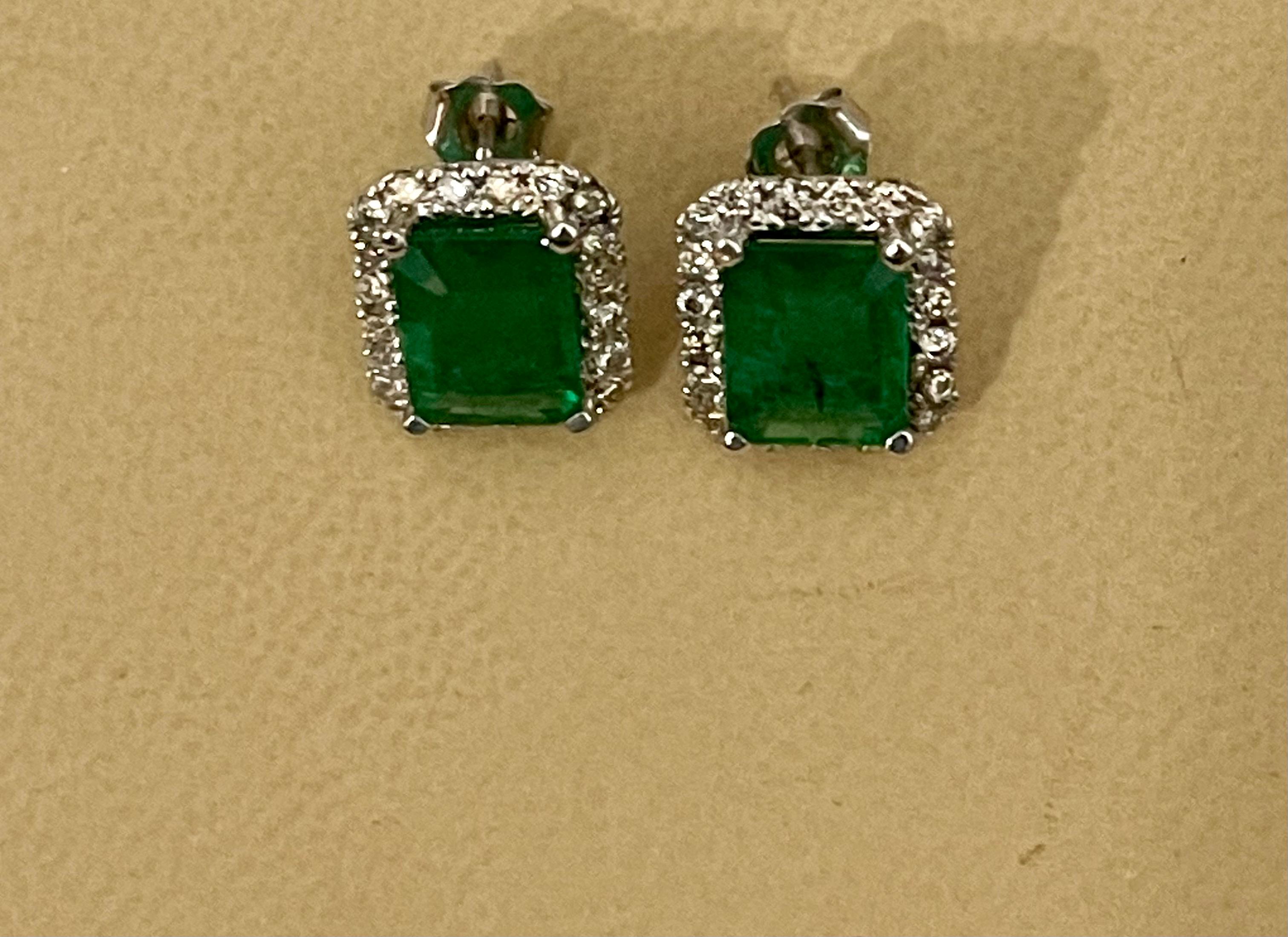 6.5 Carat Emerald Cut Emerald & 1.25 Ct Diamond Stud Earrings 14 Kt White Gold 10