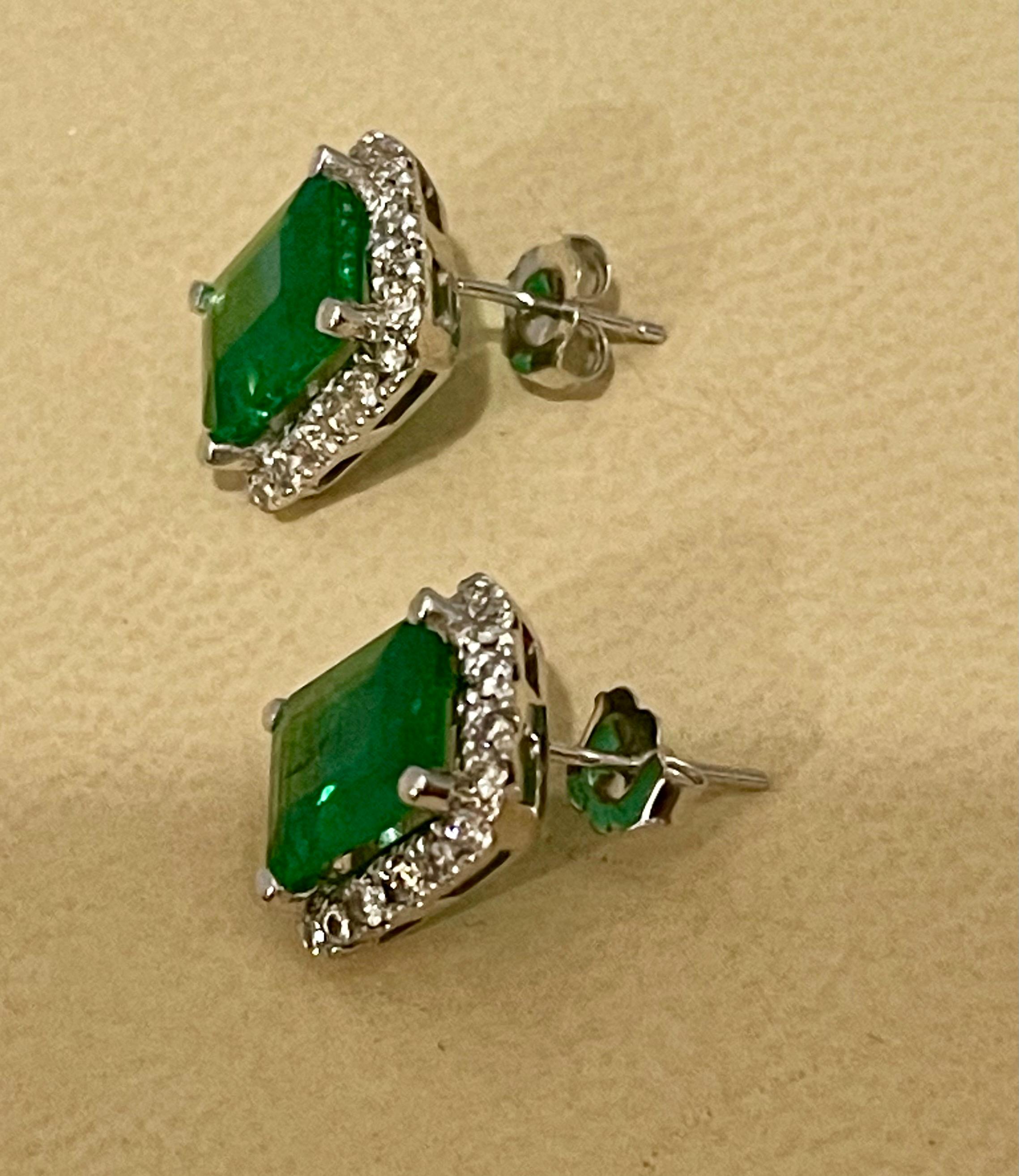 6.5 Carat Emerald Cut Emerald & 1.25 Ct Diamond Stud Earrings 14 Kt White Gold 11