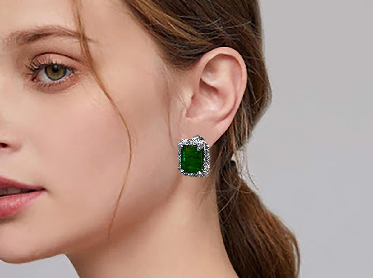 6.5 Carat Emerald Cut Emerald & 1.25 Ct Diamond Stud Earrings 14 Kt White Gold 12
