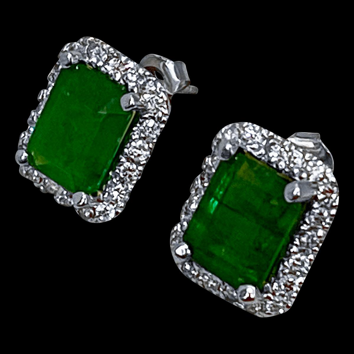 6.5 Carat Emerald Cut Emerald & 1.25 Ct Diamond Stud Earrings 14 Kt White Gold In Excellent Condition In New York, NY