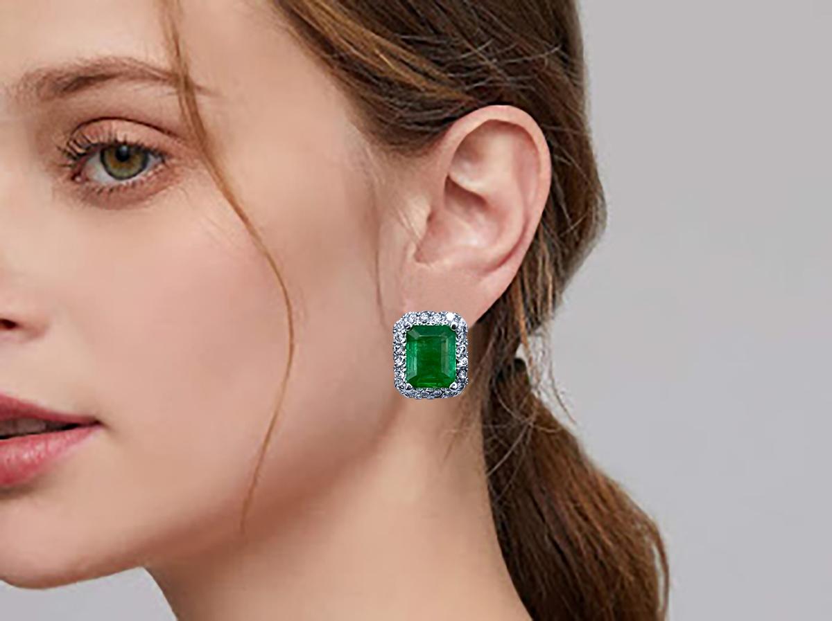 Women's 6.5 Carat Emerald Cut Emerald & 1.25 Ct Diamond Stud Earrings 14 Kt White Gold