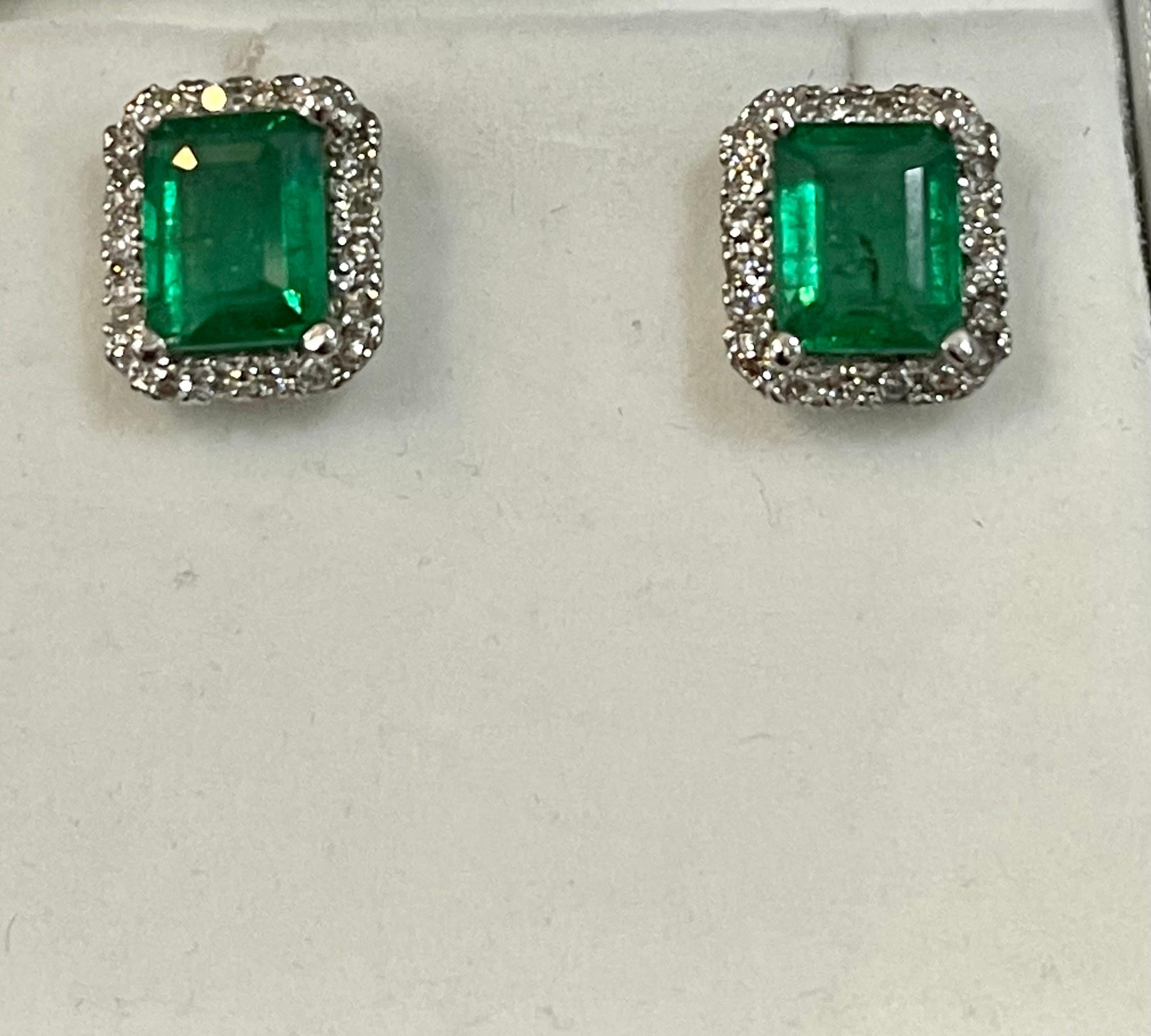 6.5 Carat Emerald Cut Emerald & 1.25 Ct Diamond Stud Earrings 14 Kt White Gold 1