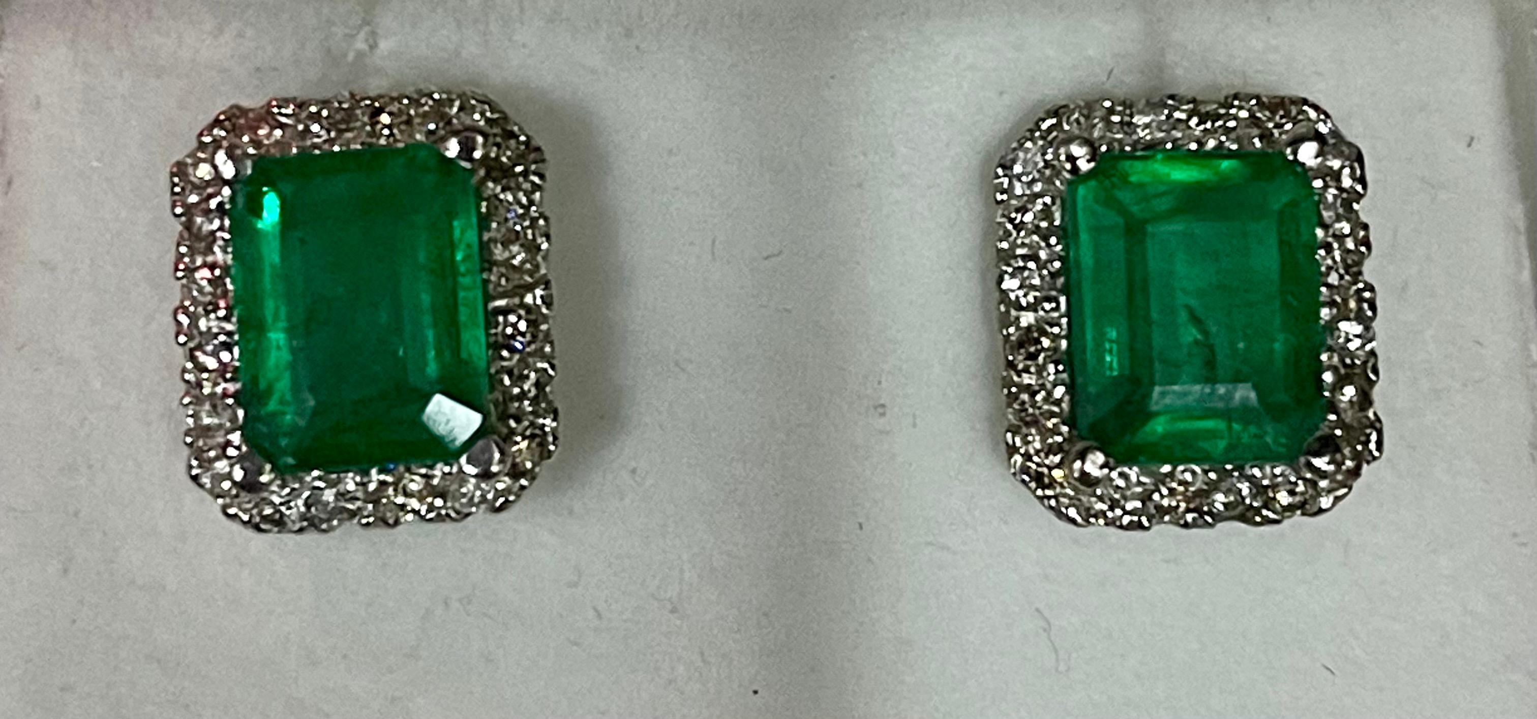 6.5 Carat Emerald Cut Emerald & 1.25 Ct Diamond Stud Earrings 14 Kt White Gold 2