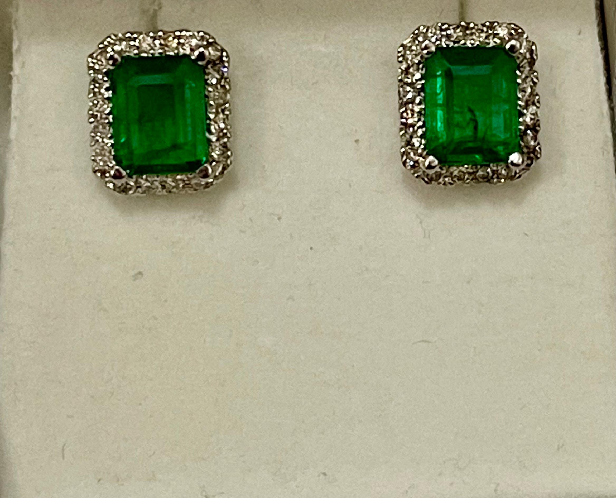 6.5 Carat Emerald Cut Emerald & 1.25 Ct Diamond Stud Earrings 14 Kt White Gold 3