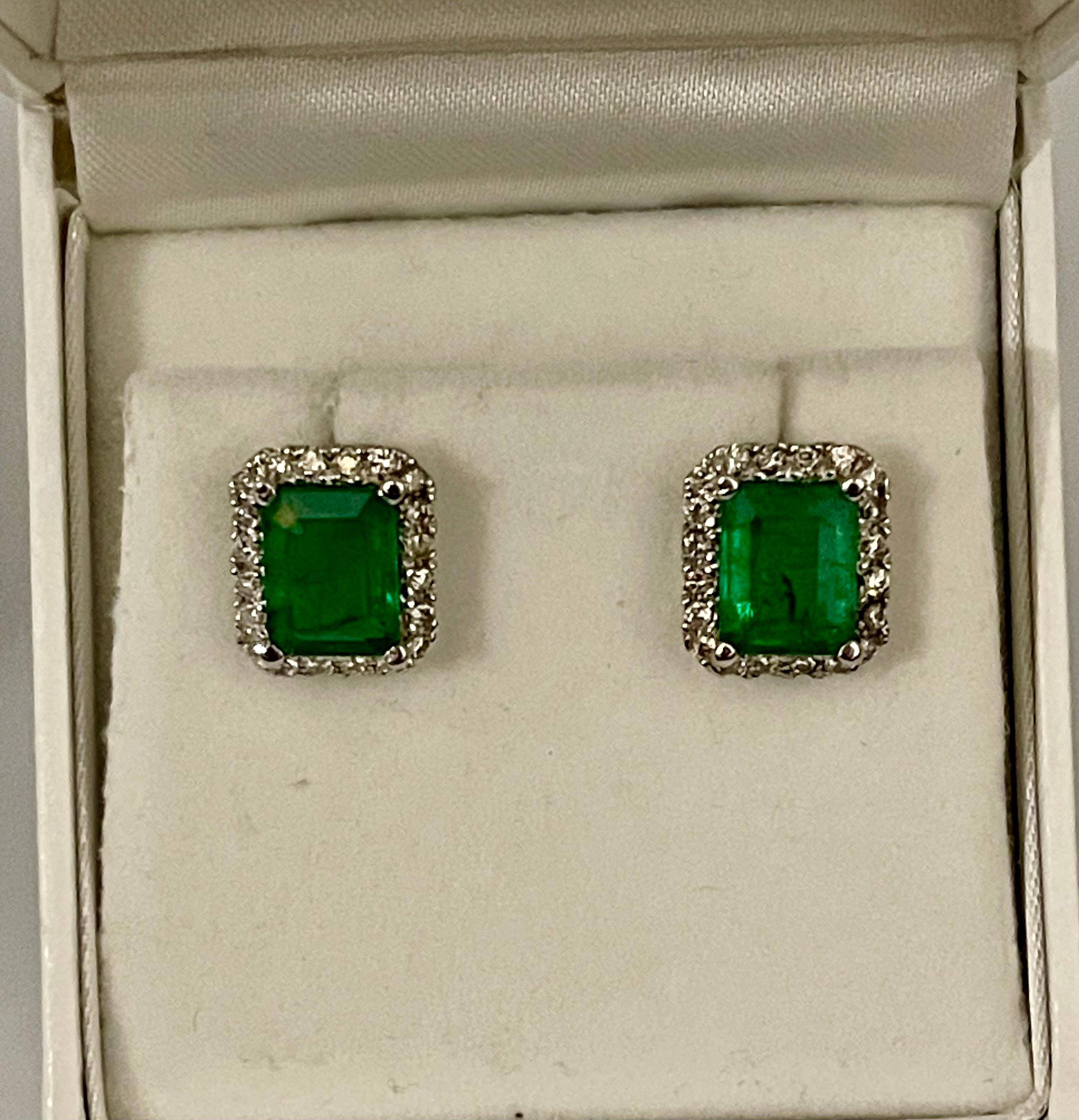 6.5 Carat Emerald Cut Emerald & 1.25 Ct Diamond Stud Earrings 14 Kt White Gold 4