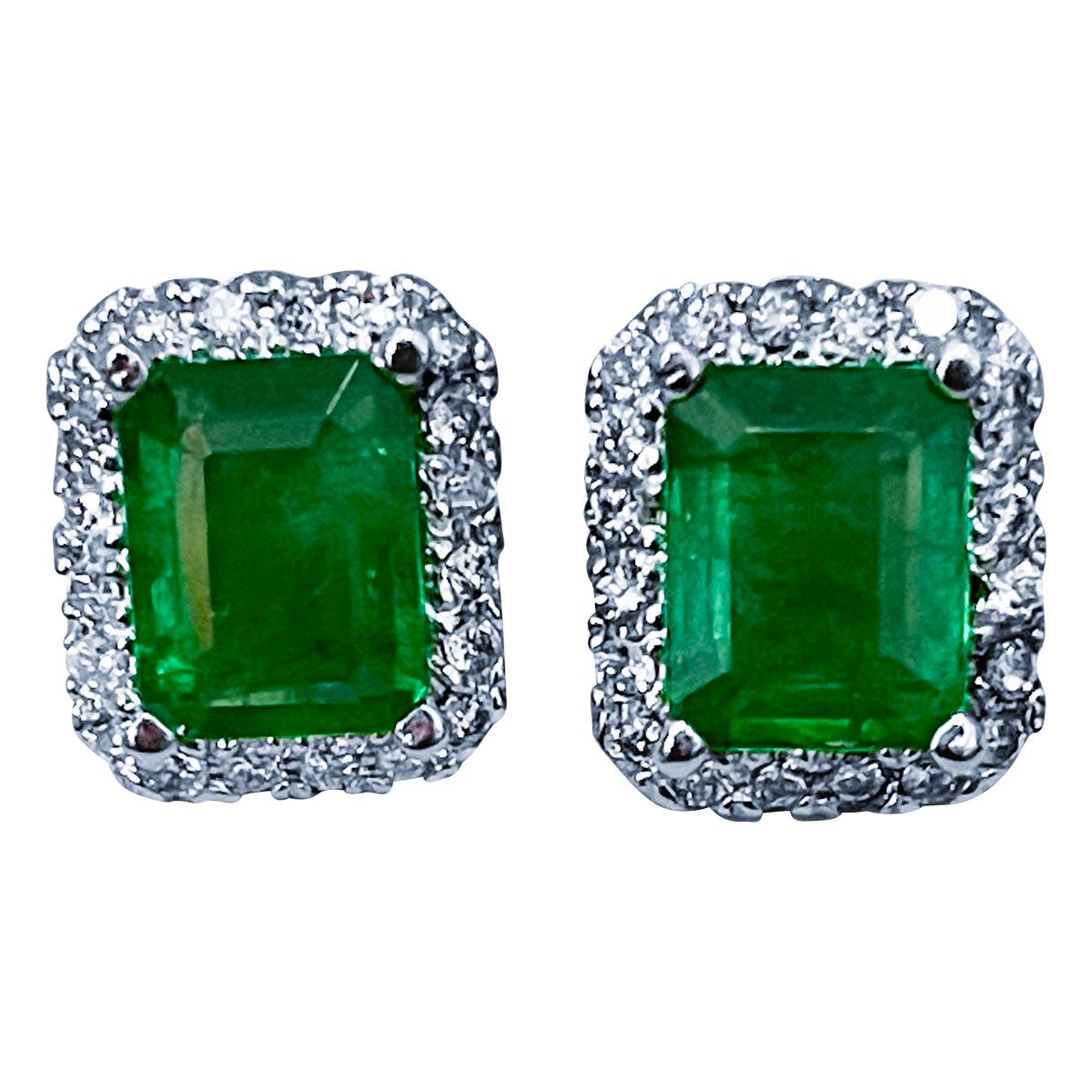 6.5 Carat Emerald Cut Emerald & 1.25 Ct Diamond Stud Earrings 14 Kt White Gold